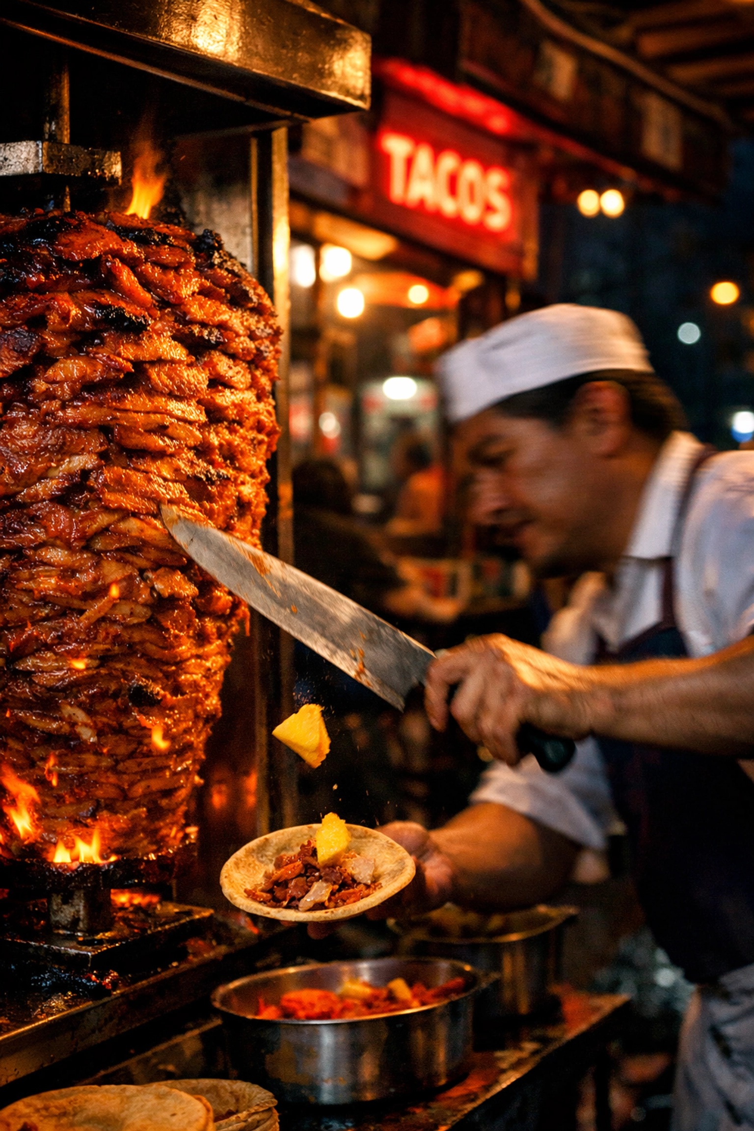 Al pastor tacos being sliced at a Narvarte taqueria at night, classic Mexico City street food