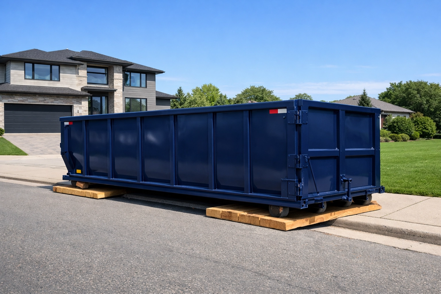 Secure street placement of a North York dumpster rental on protective wood planks outside a suburban home.