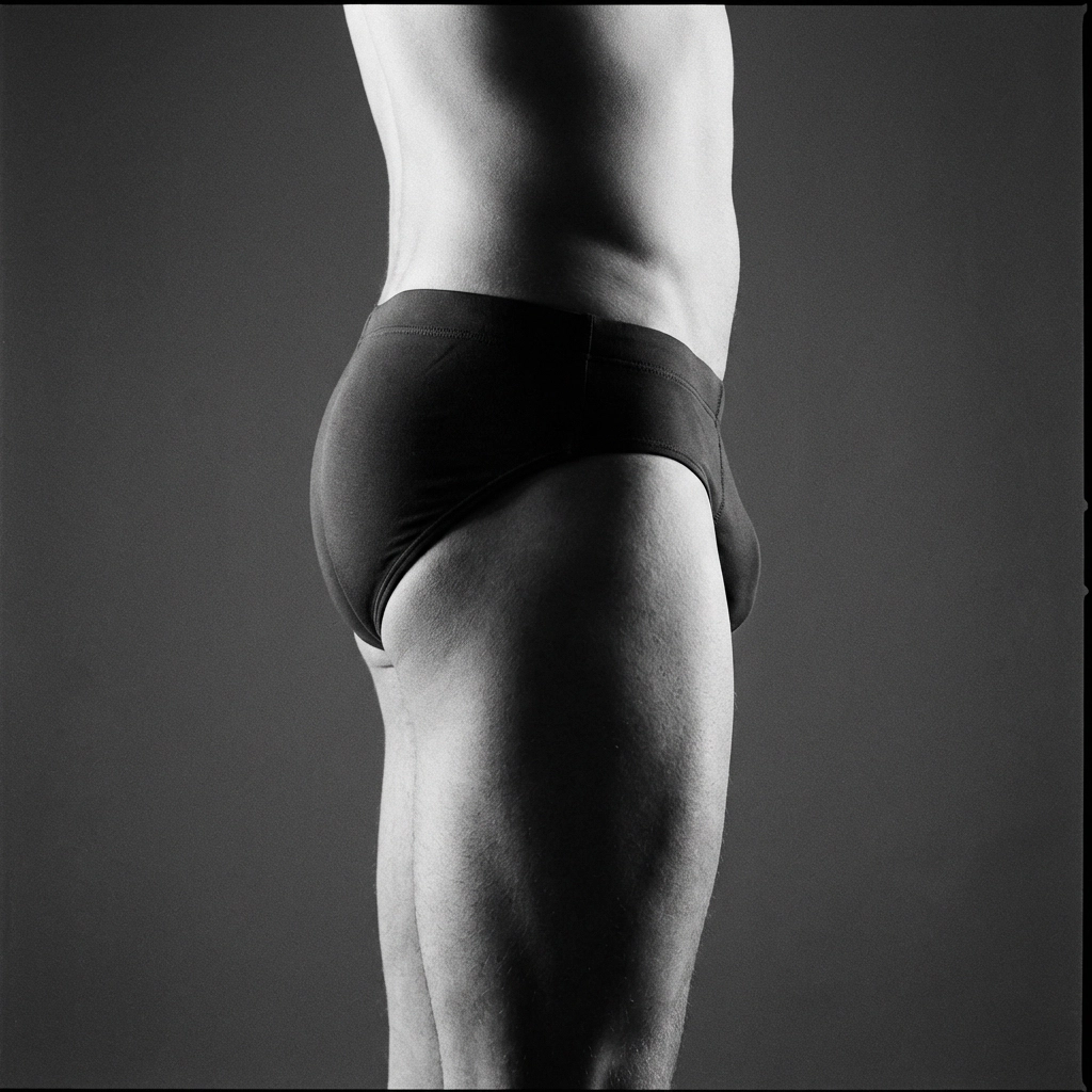 Black and white fine art photography of the male glutes and lower torso.