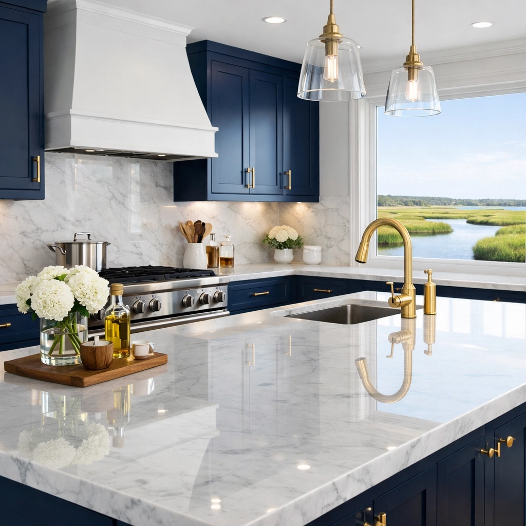 Sparkling clean West Dennis kitchen with marble countertops showcasing expert house cleaning standards.