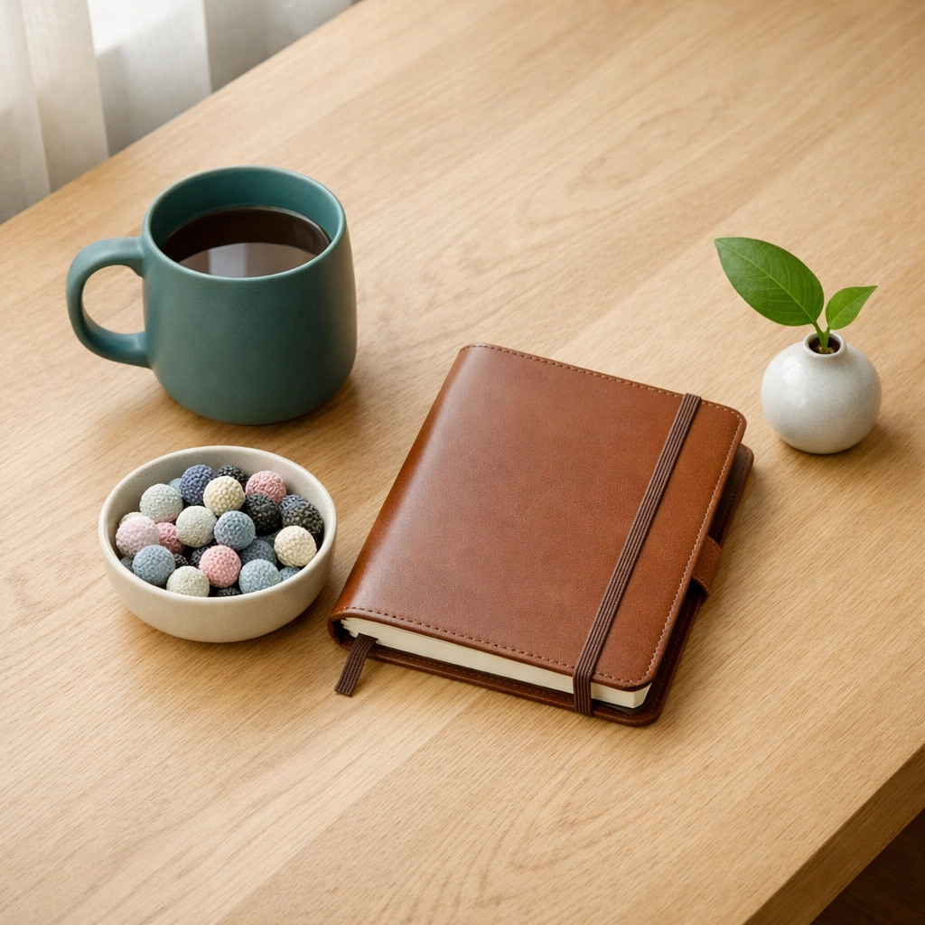 Minimalist desk with a teal mug, symbolizing identity-affirming and kink-aware therapy safe spaces.