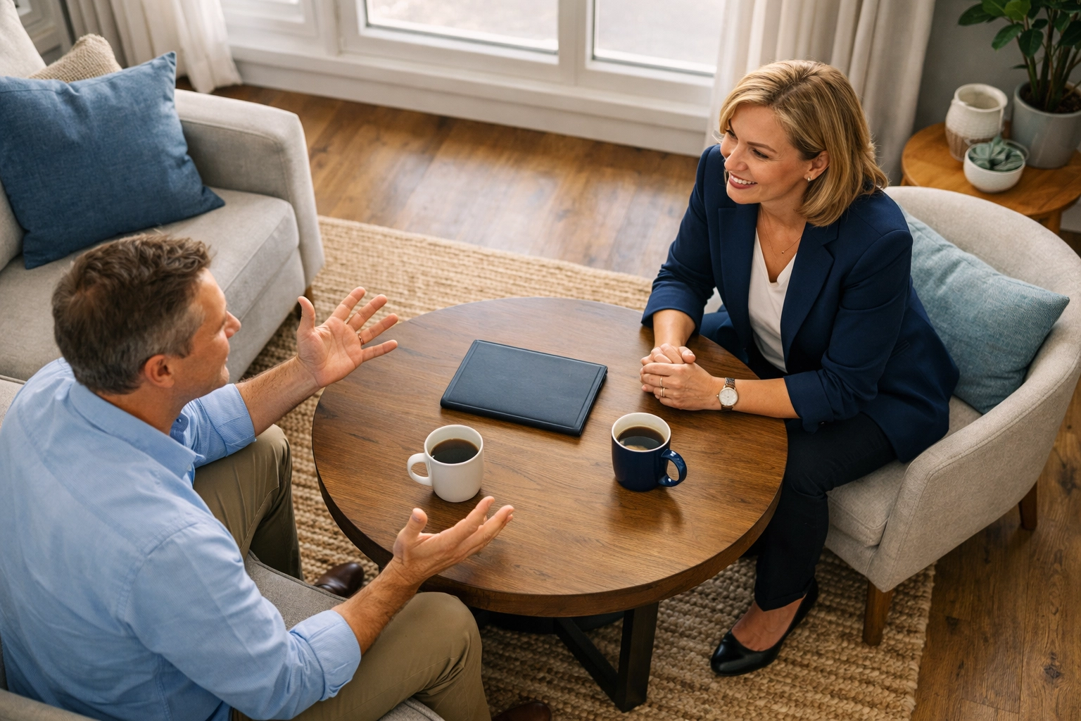 Low-pressure real estate consultation between agent and client in comfortable Philadelphia home