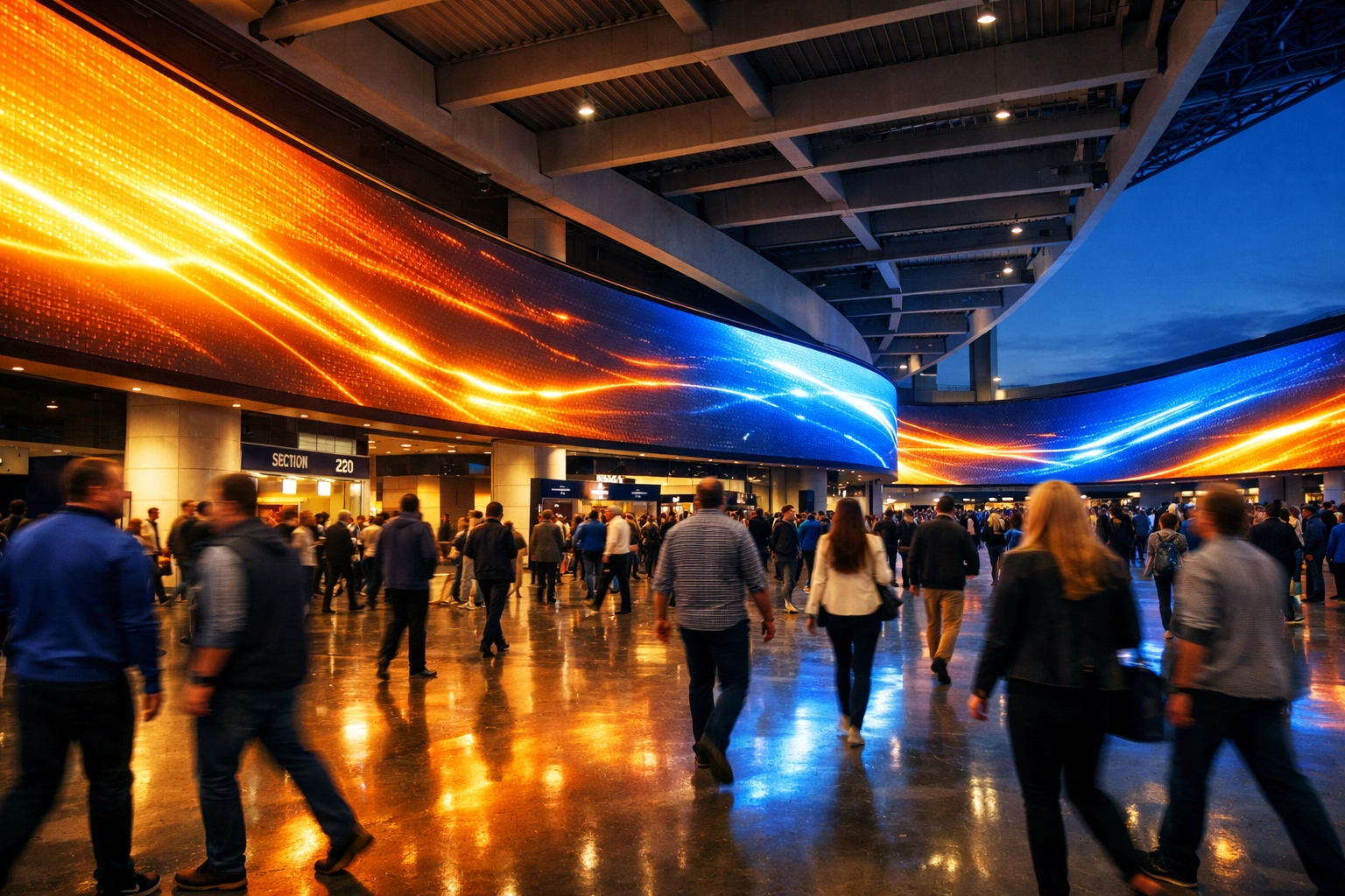 Digital OOH branding screens integrated into a modern stadium concourse during a major sports event.