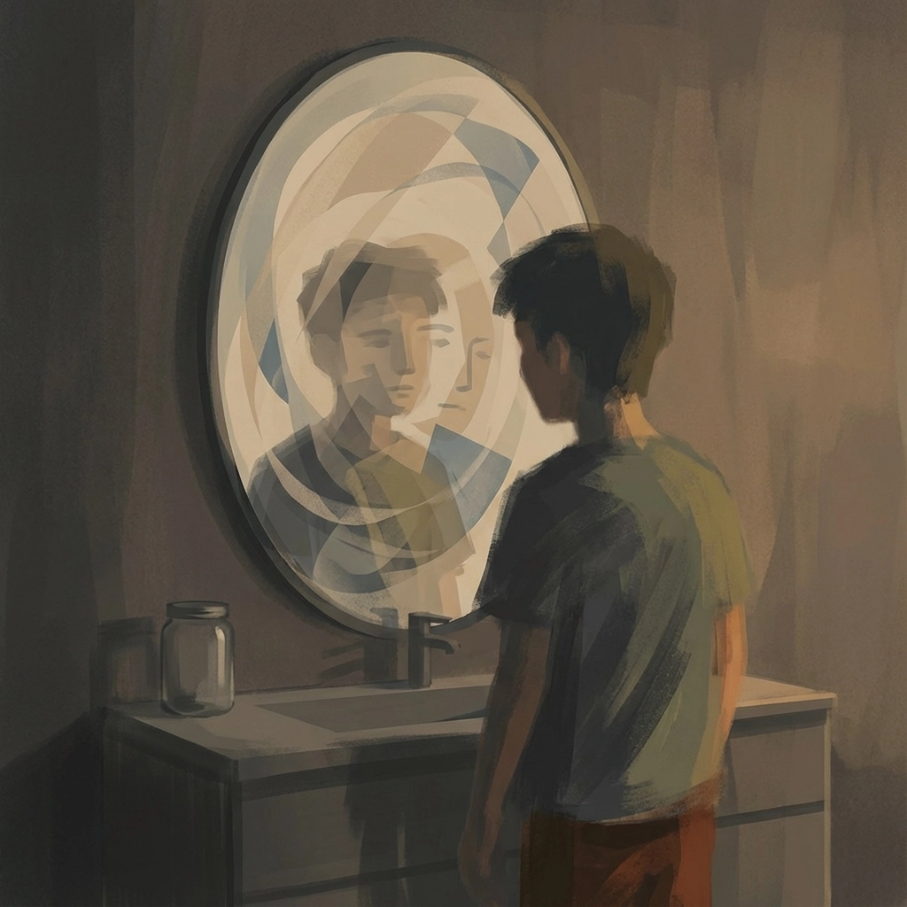 A person looks into an oval mirror showing a distorted reflection. The setting is a dimly lit room, creating a contemplative mood.