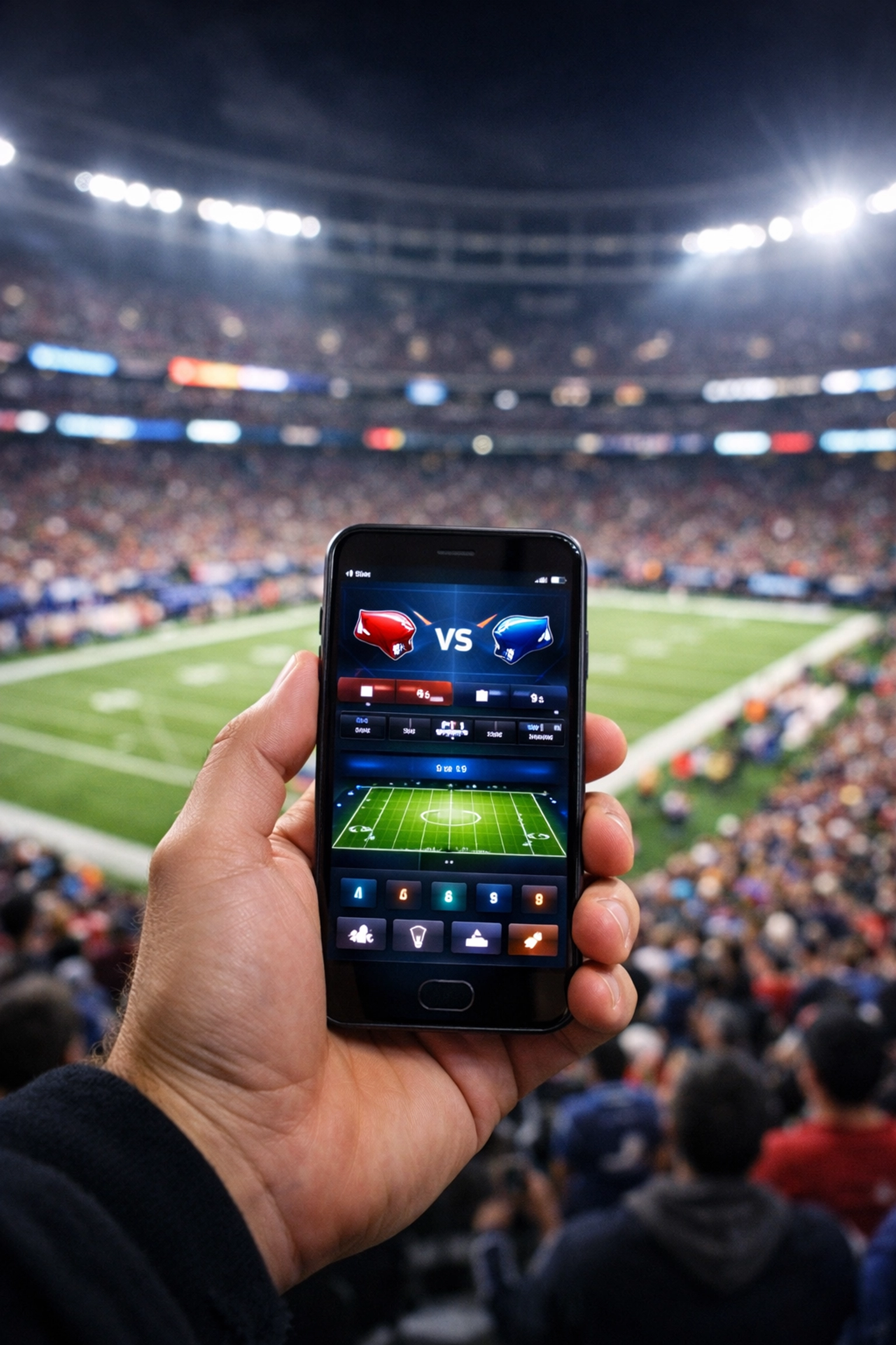 Hand holding a smartphone with sports media data inside a packed stadium illustrating digital fan engagement.