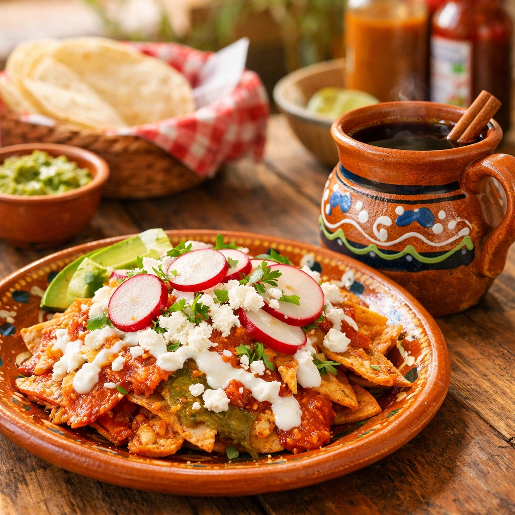 Traditional Mexican breakfast of chilaquiles and cafe de olla at a family-run café in Old Town Puerto Vallarta.