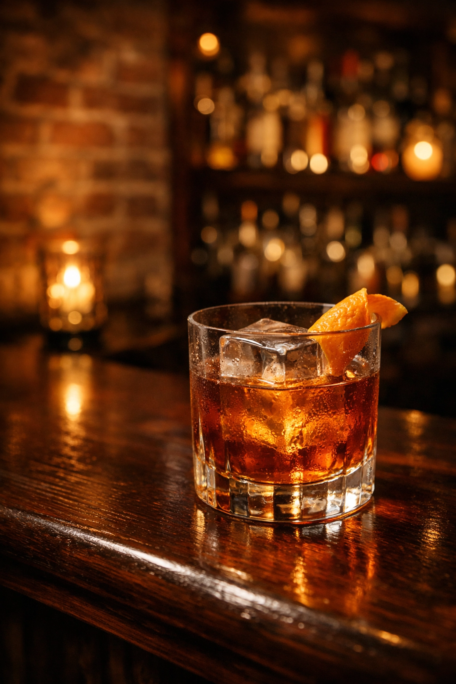 A chilled craft cocktail on a bar in a cozy, candlelit Montreal speakeasy.