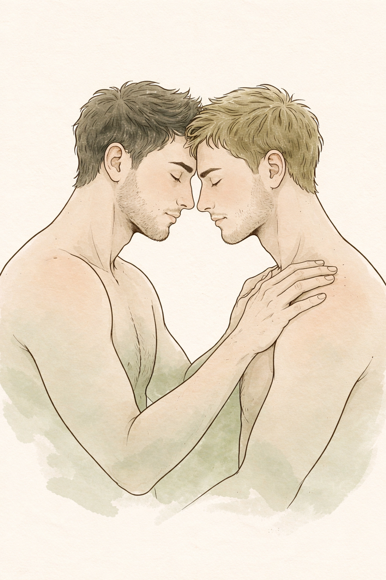 Close-up of two men sharing a vulnerable, tender moment, highlighting emotional depth in MM romance literature.