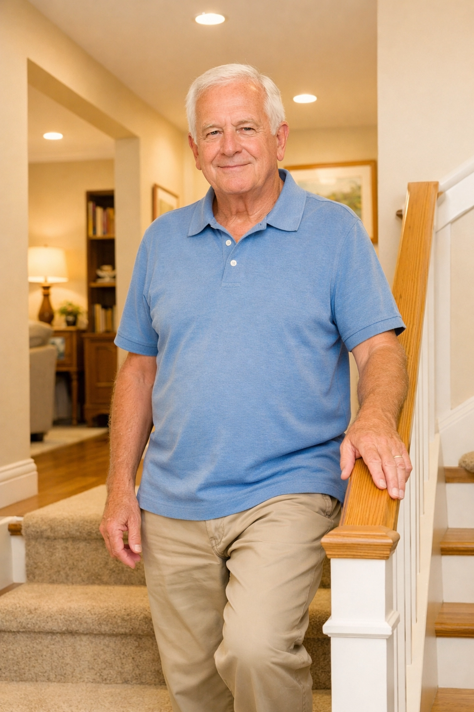 Senior man safely using a handrail on a well-lit, clutter-free home staircase for fall prevention.