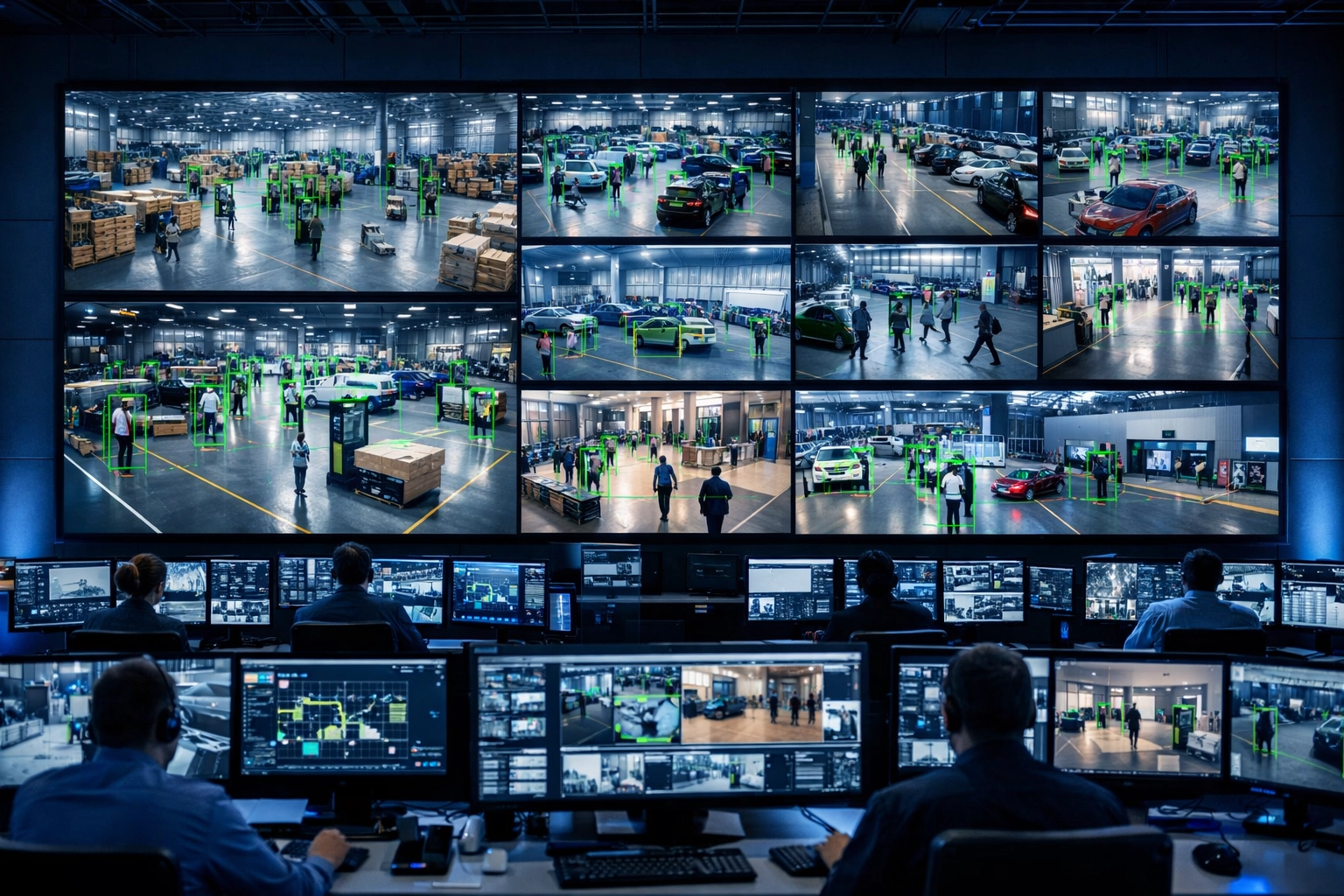 AI CCTV monitoring in a high-tech security command centre with digital detection overlays.