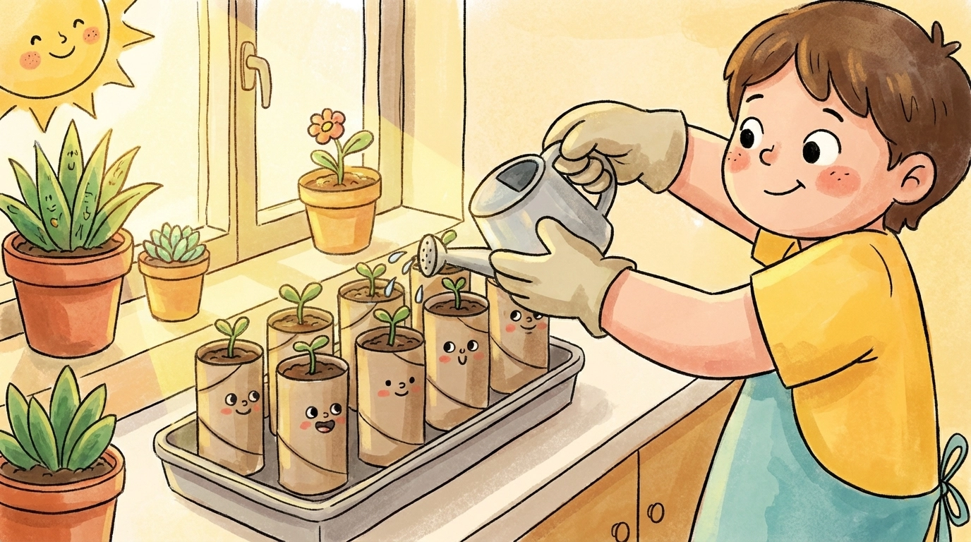 Cartoon child watering seedlings growing in toilet paper roll planters on a sunny windowsill
