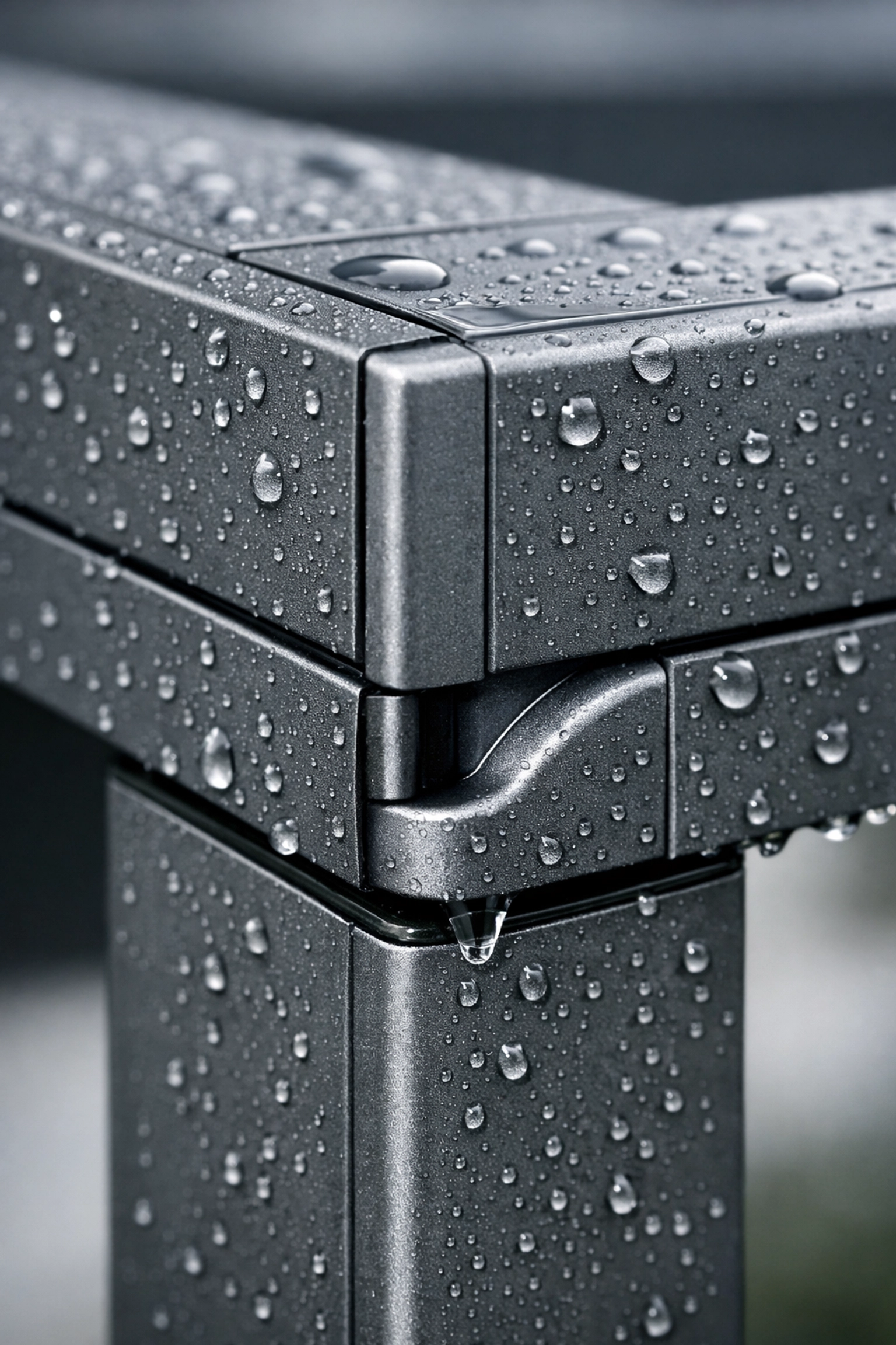 Detail einer Pergola mit integriertem Wasserablaufsystem für einen sauberen Regenabfluss.