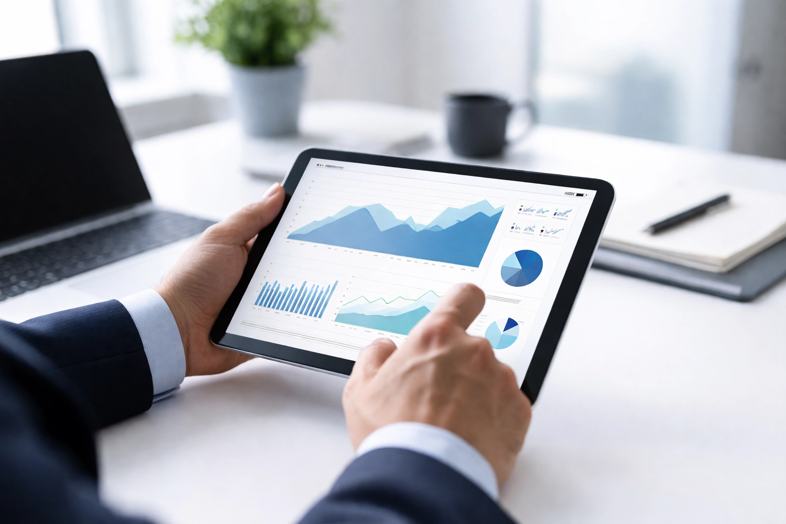 Executive reviewing financial dashboard on tablet, emphasizing strategic RevOps decision-making