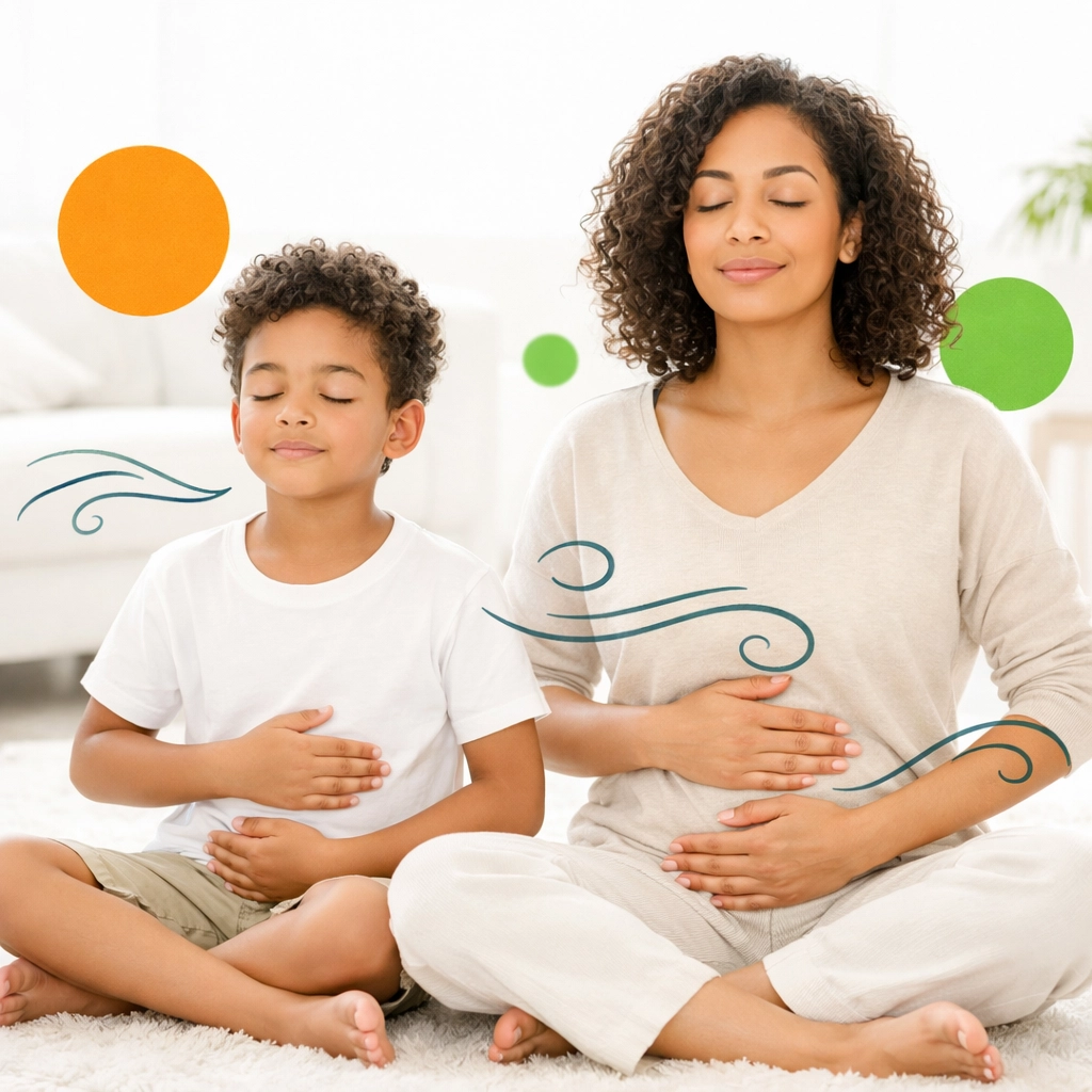 Mother and child practicing deep breathing exercises, a key self-awareness activity for kids.