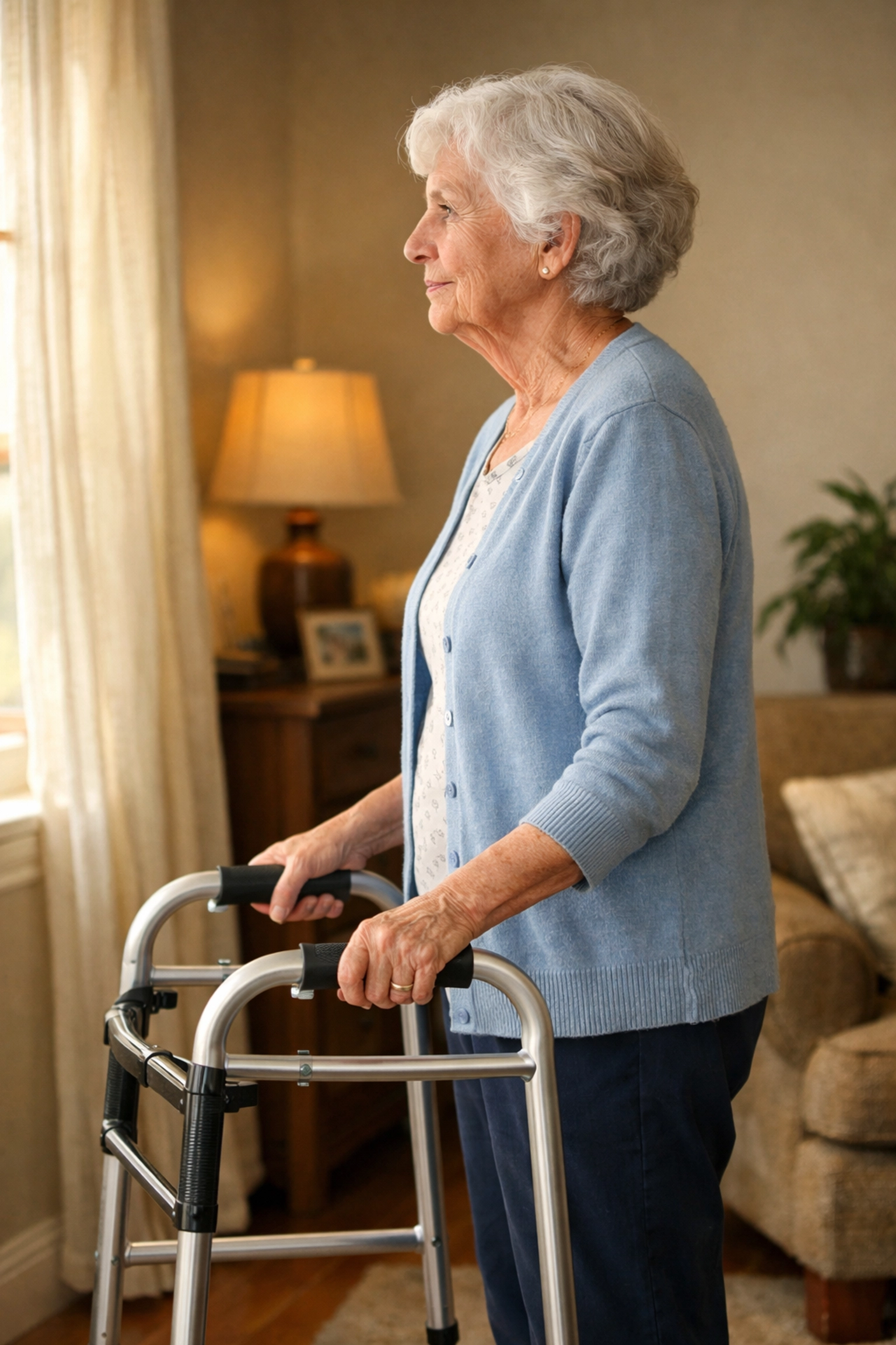 Senior woman standing with a walker adjusted to the correct height for proper arm support and posture.