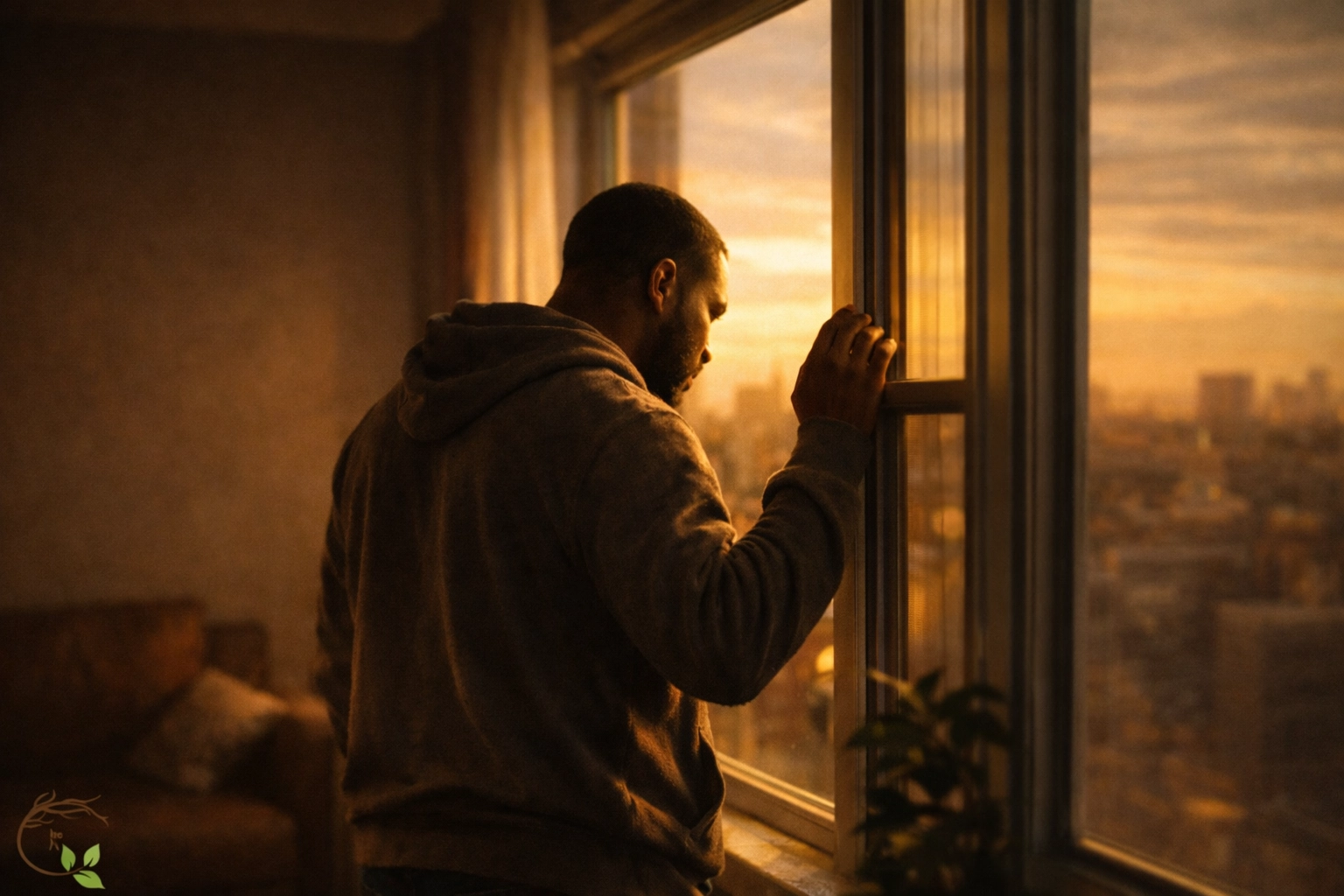 Black man reflecting at window during moment of vulnerability and mental health awareness
