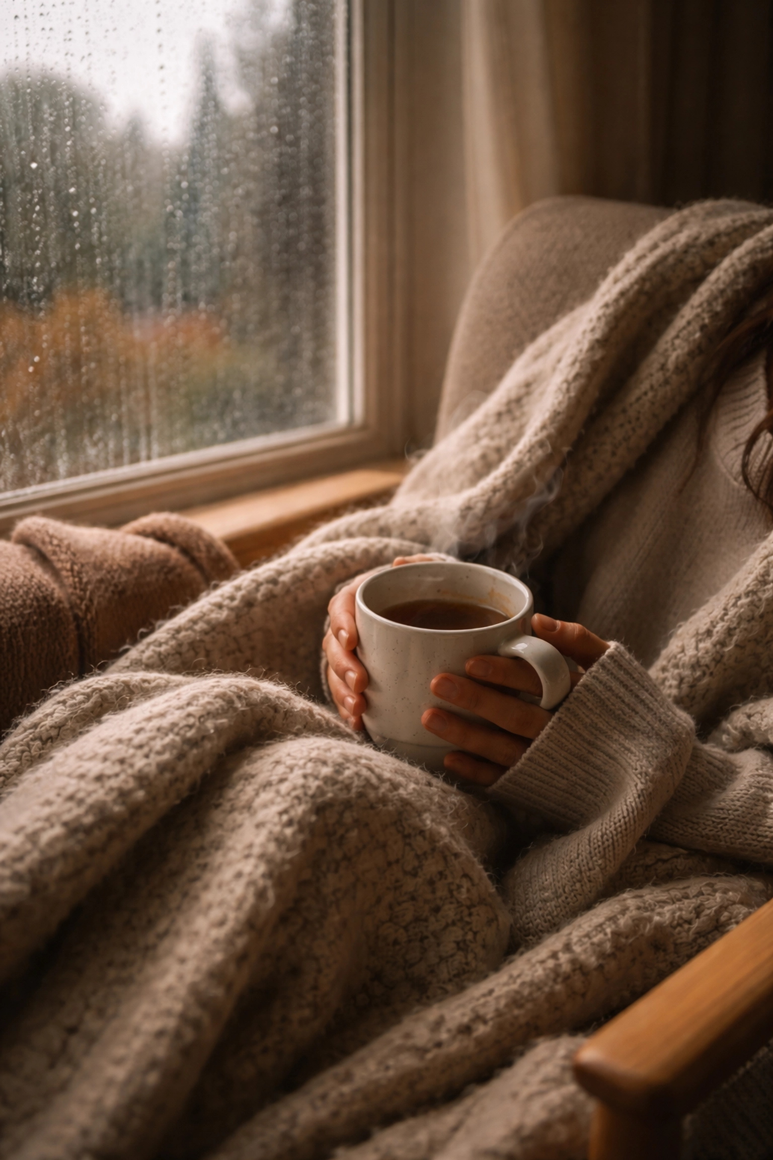 Person in knit blanket by rain-streaked window with tea, embodying mindfulness and vulnerability.