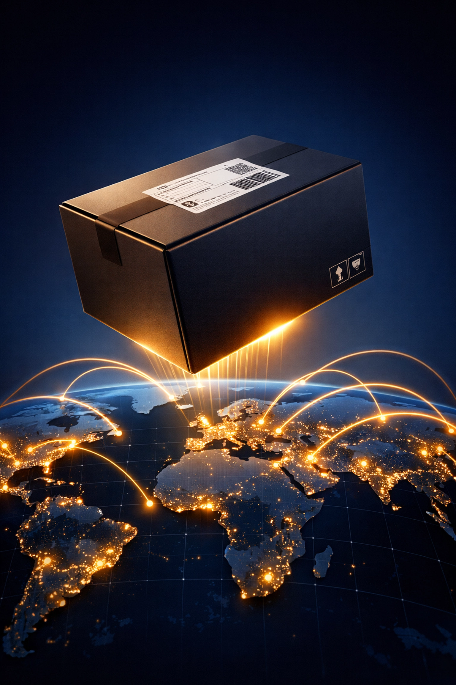 International shipping parcel moving across a global digital map to target markets and global customers.