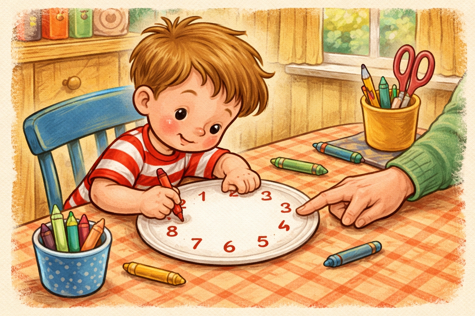 Child marking numbers on a paper plate to create a learning clock, showcasing a step in teaching kids to tell time