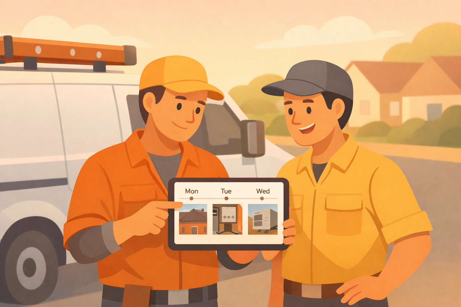 Field technicians reviewing a digital photo timeline app to coordinate work at a job site.