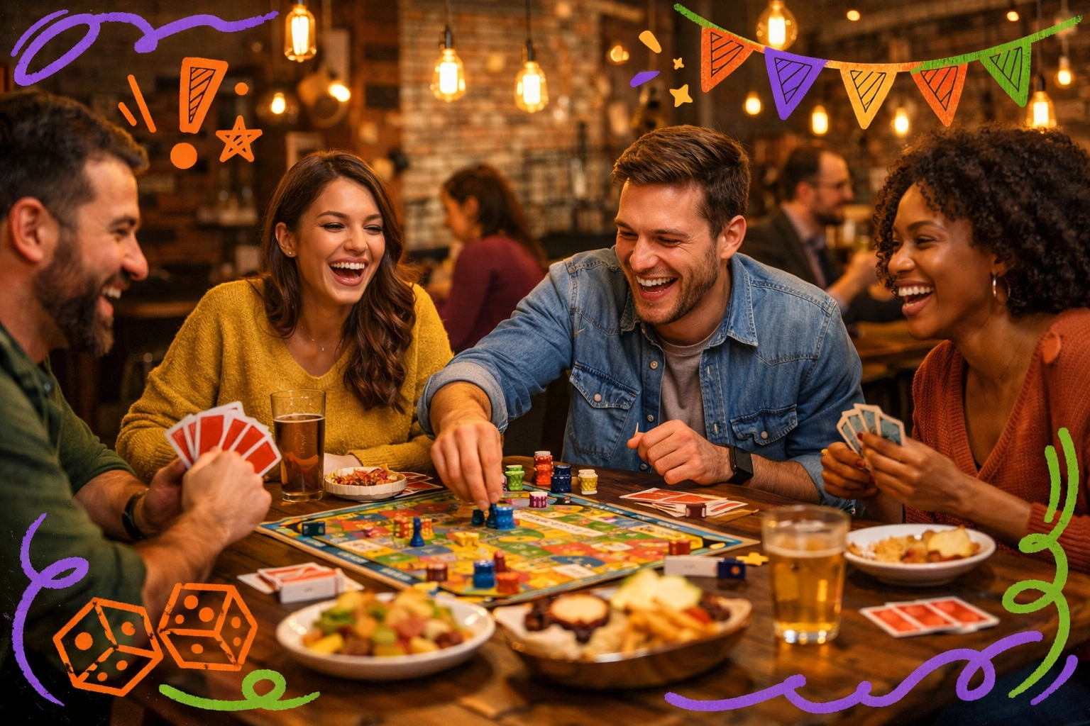 Friends enjoying game night at North Metro Atlanta restaurant social meetup