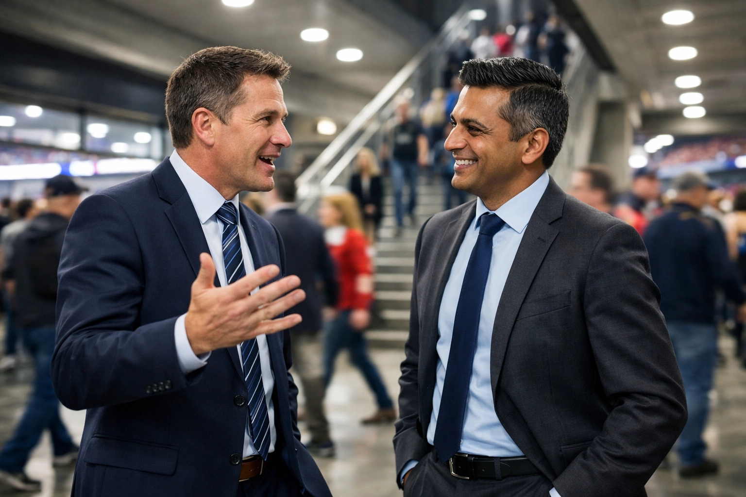 NEWSLETTER: The Proven Framework for Super Bowl Executive Networking: Turn 4 Hours Into 6 Months of Business Opportunities Two executives engaged in business conversation at Super Bowl stadium during halftime