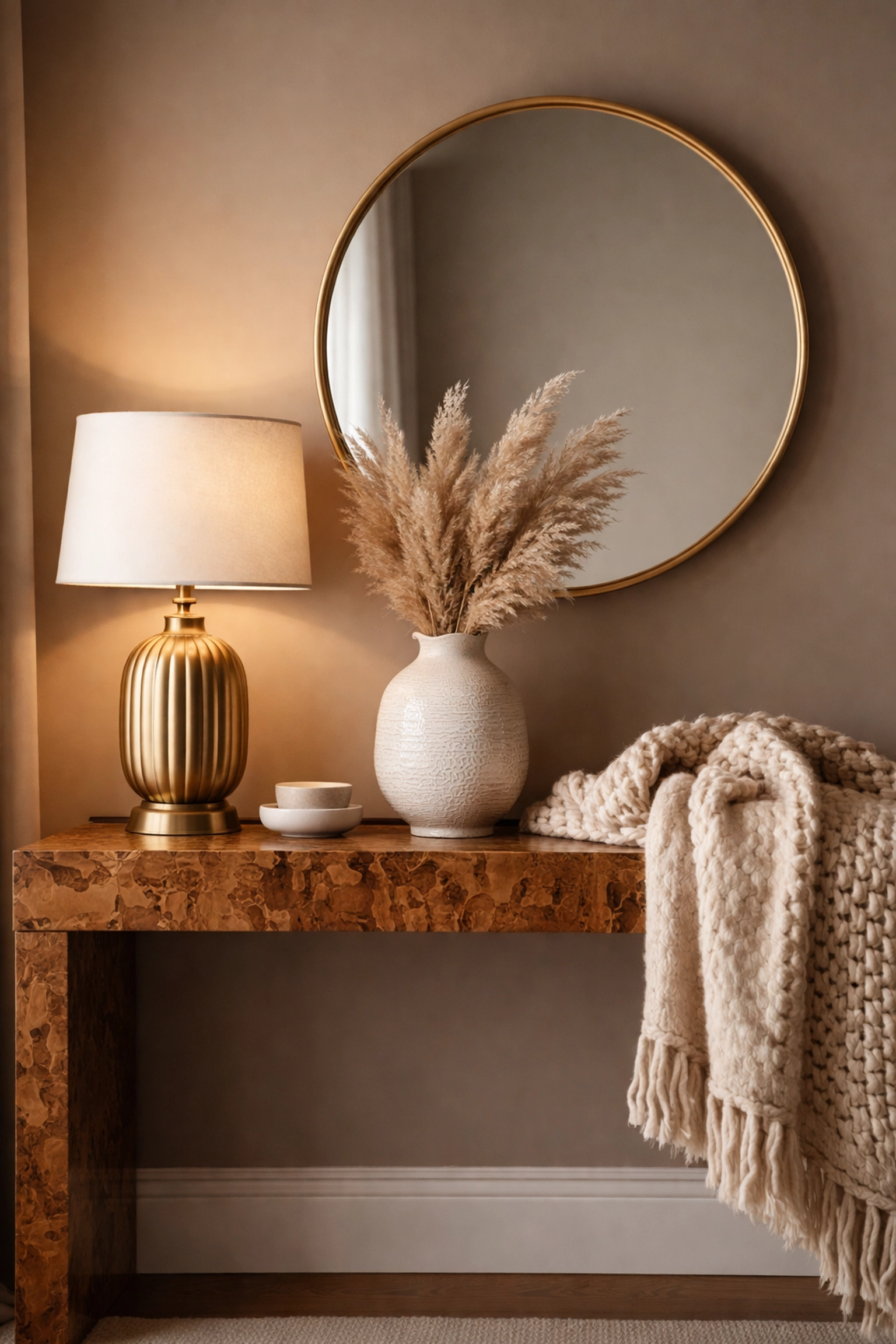 Styled burl wood console table with brass lamp and gold mirror in warm neutral palette