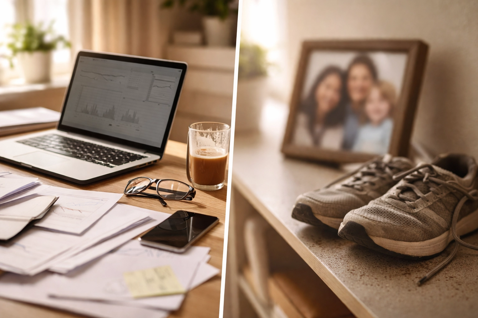 Work-life imbalance for founders shown by a desk piled with work and neglected family items, illustrating mental health impact.