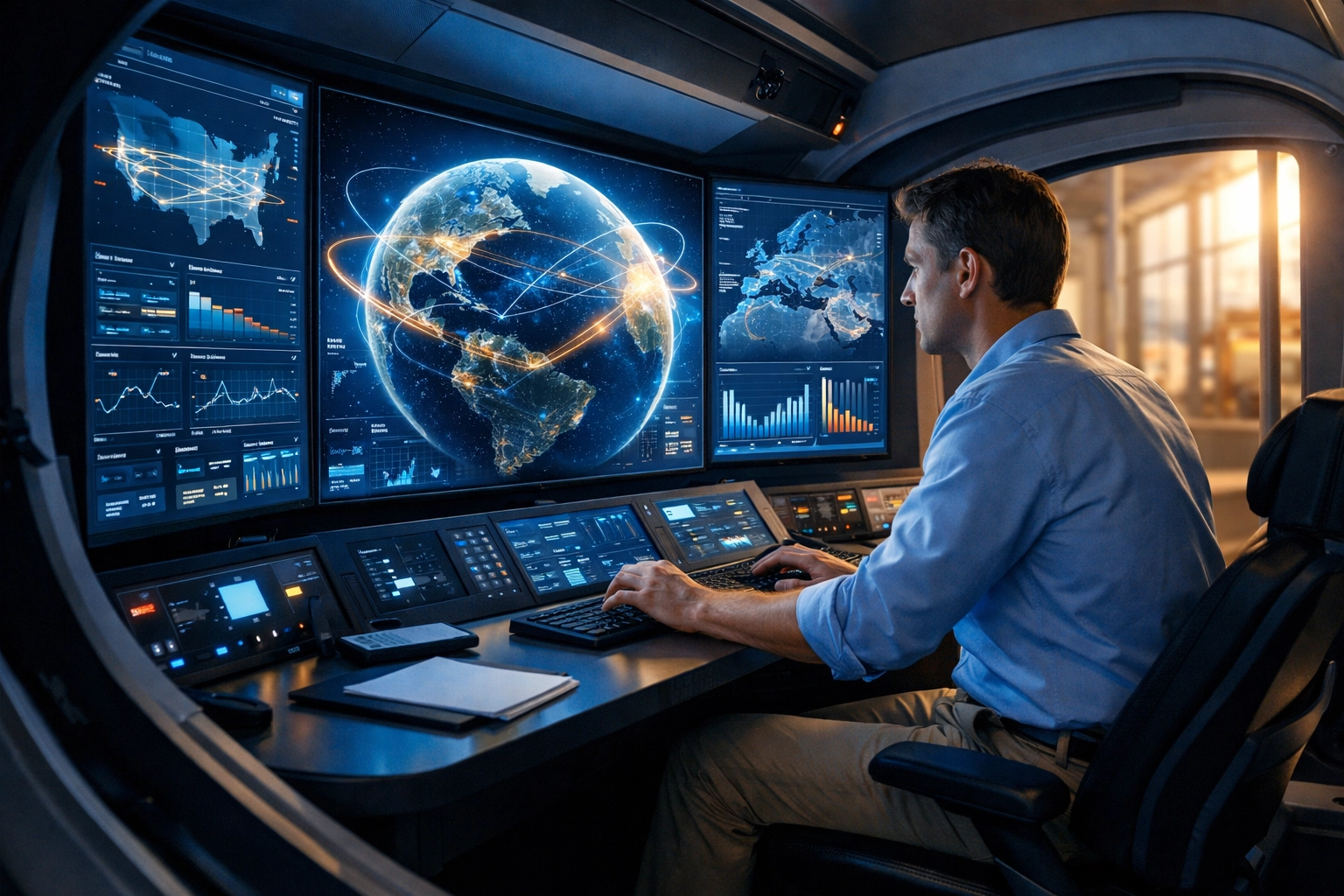 Professional working in a logistics pod with supply chain visualizations and global fleet management maps.