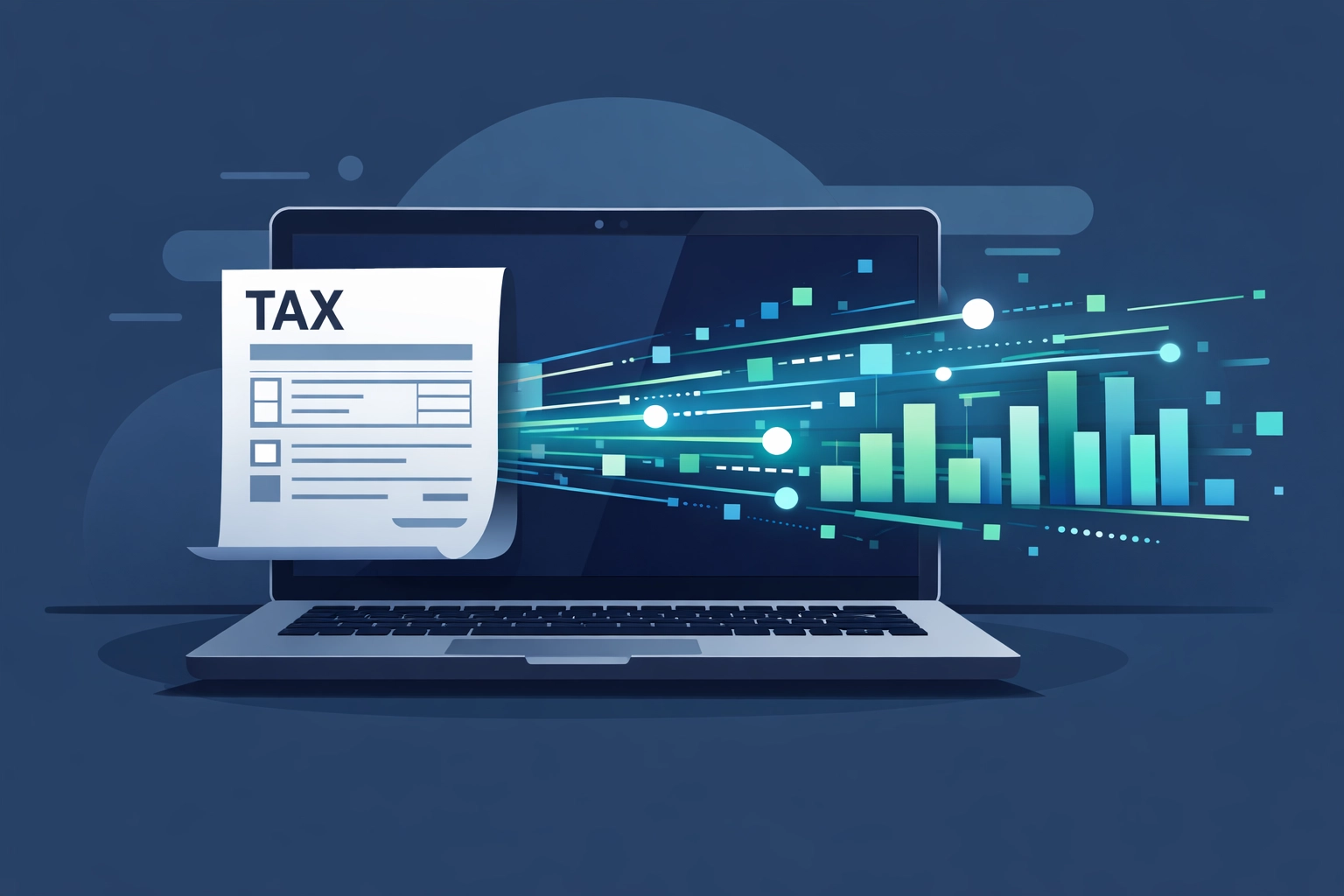 Illustration of digital tax forms being processed into data charts on a laptop for efficient filing.