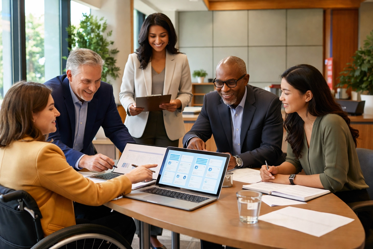 Inclusive team of professionals in a government setting collaborating on accessibility solutions and AI integration