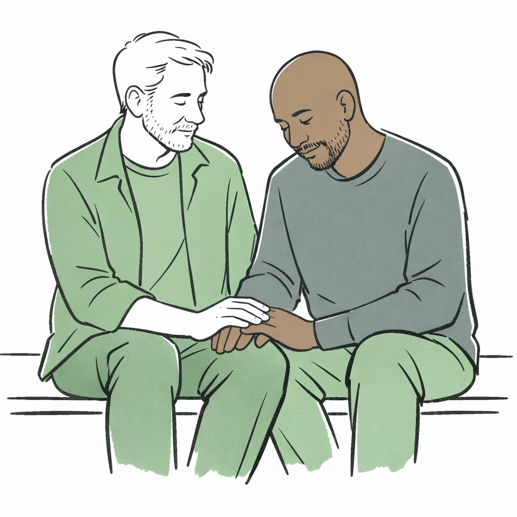 Illustration of two older men holding hands, reflecting the emotional discovery of coming out later in life.