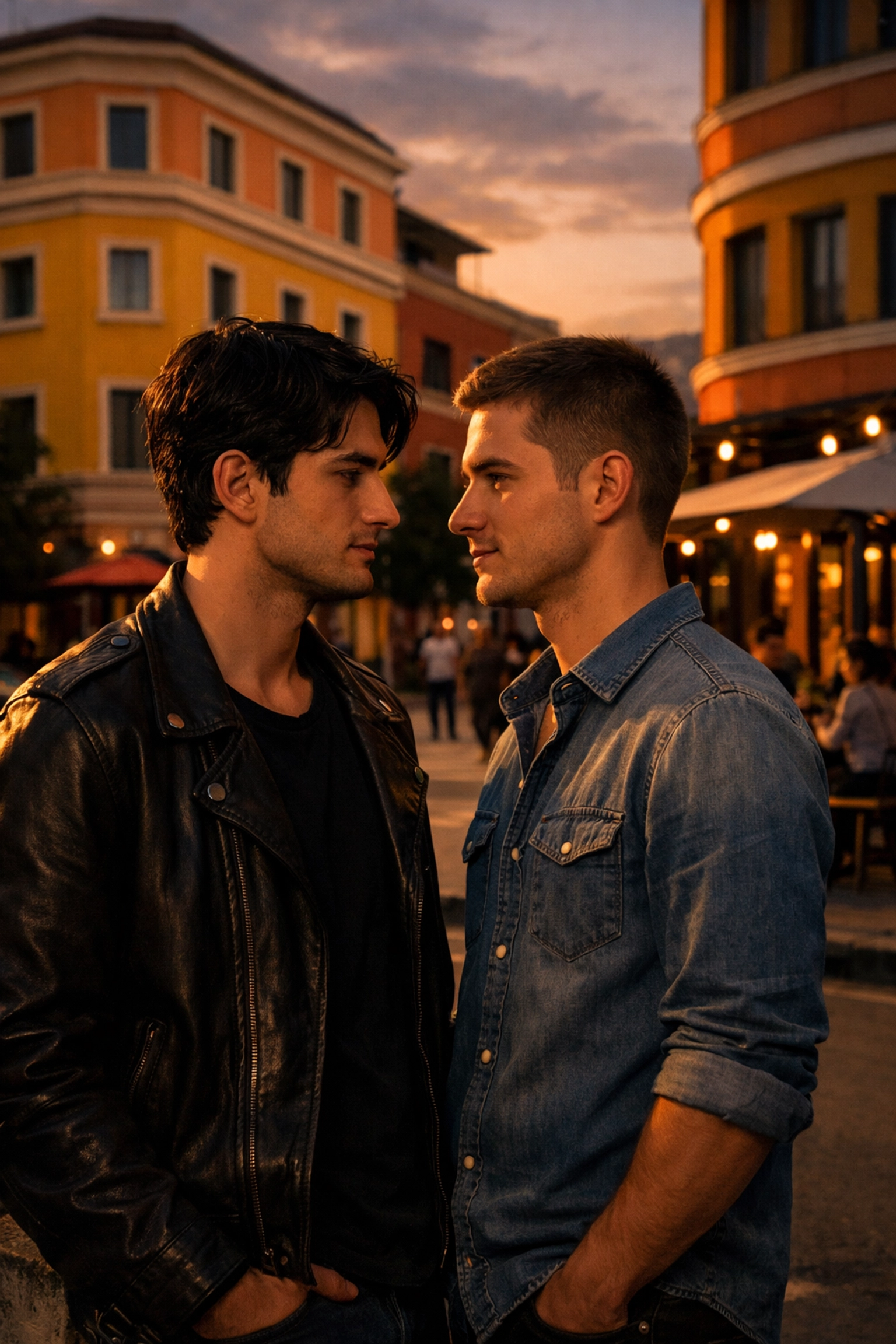 Two gay men on a Tirana street at dusk amid Albania's urban transformation