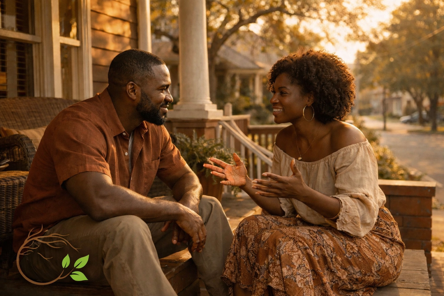 Black couple in open conversation on porch practicing healthy relationship communication