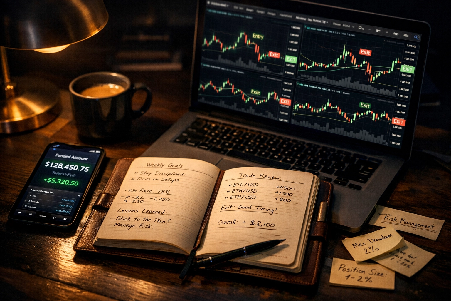 Professional crypto trader's desk with trading journal and funded account performance charts