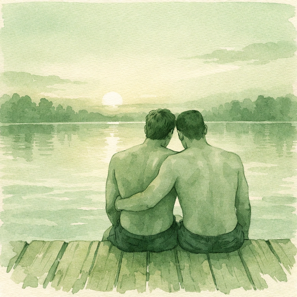 Two gay men sitting together on dock at sunset during naturist retreat