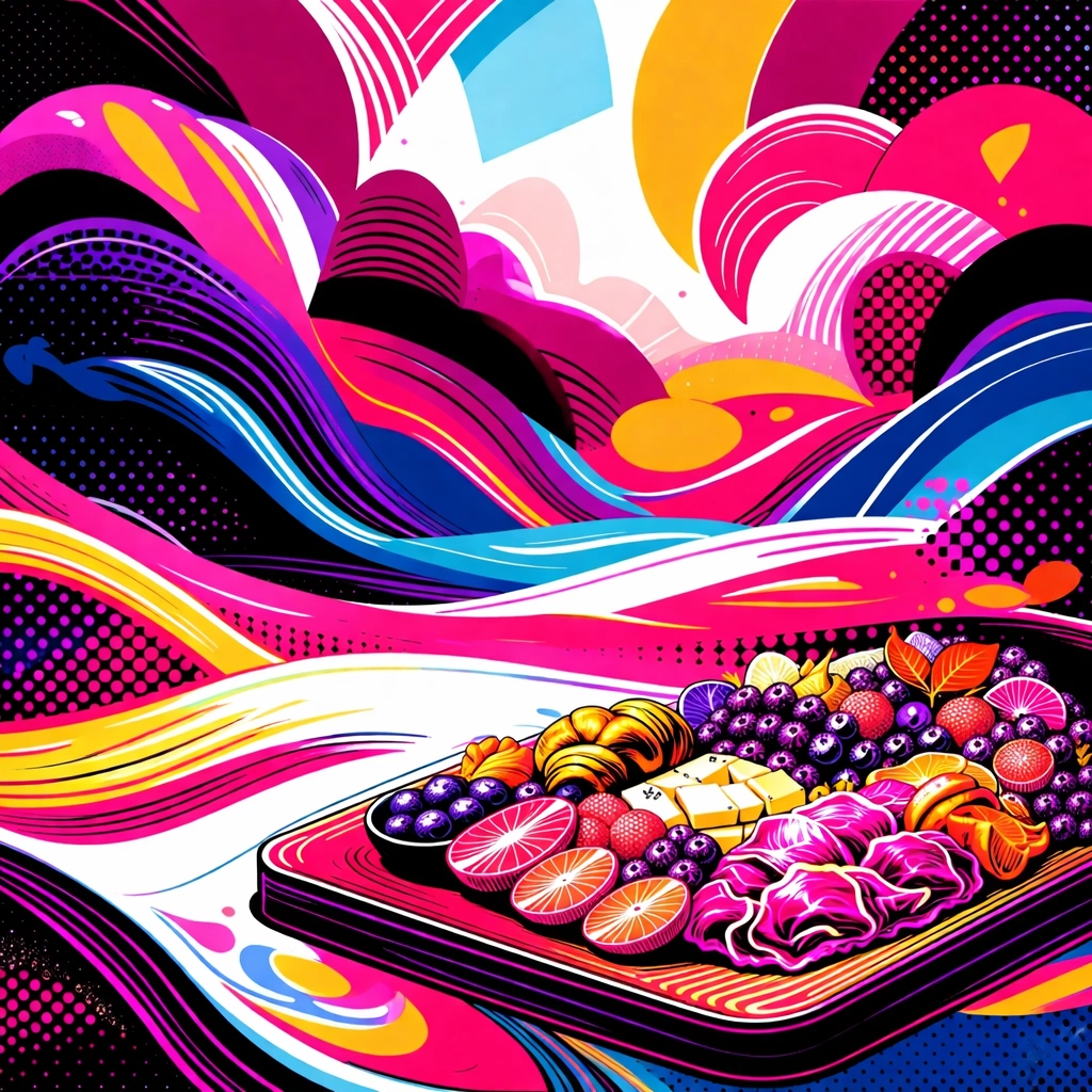 Ultra abstract pop art daytime brunch vibe with bold magenta pops, purely visual with a subtle stylized brunch board shape and wine glass silhouettes.