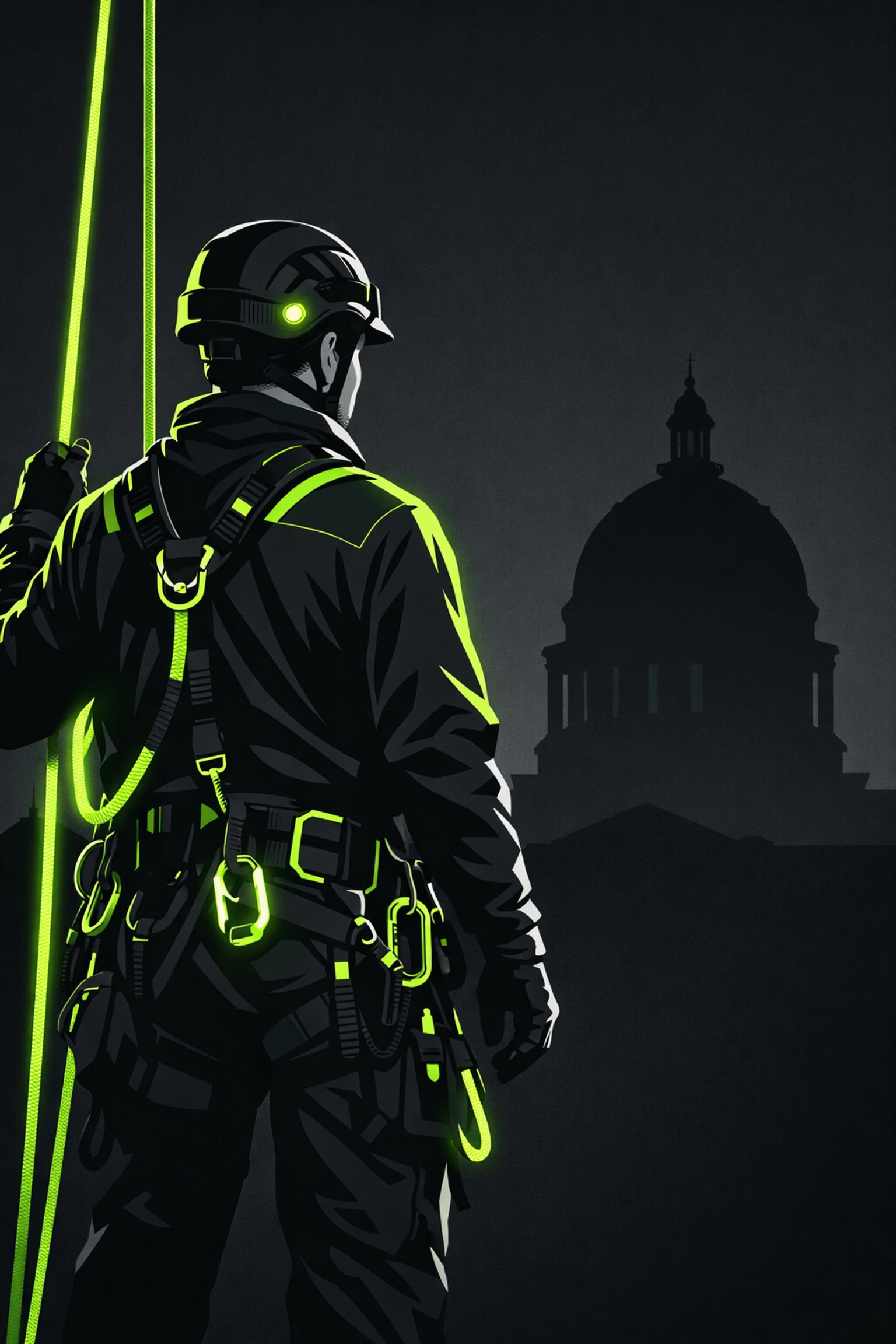 Professional arborist looking at the Jefferson City MO capitol dome silhouette.