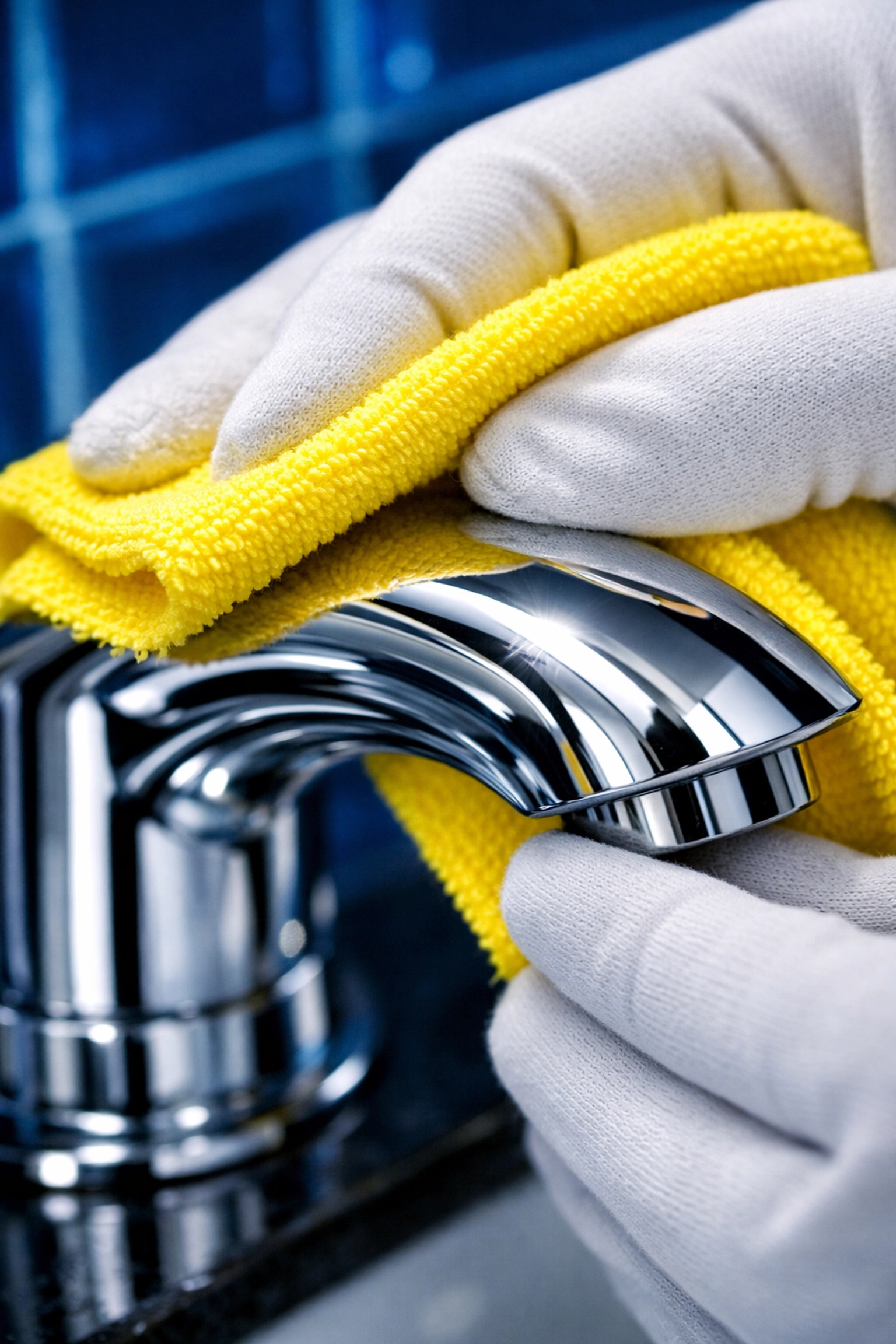 Professional hands polishing a chrome bathroom faucet for a luxury house cleaning service in Westborough.