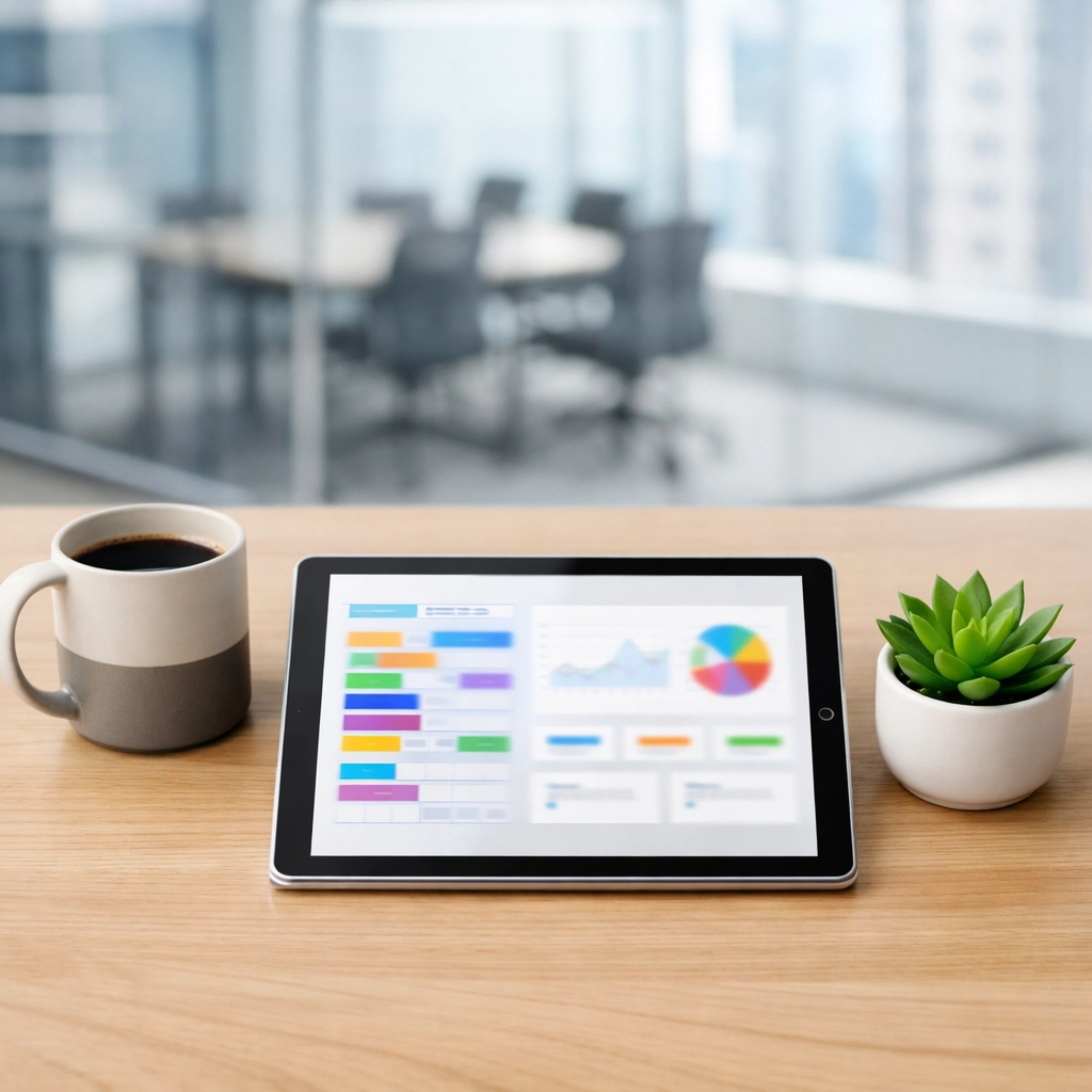 A modern office desk with a tablet showing a property management scheduling dashboard and city views.