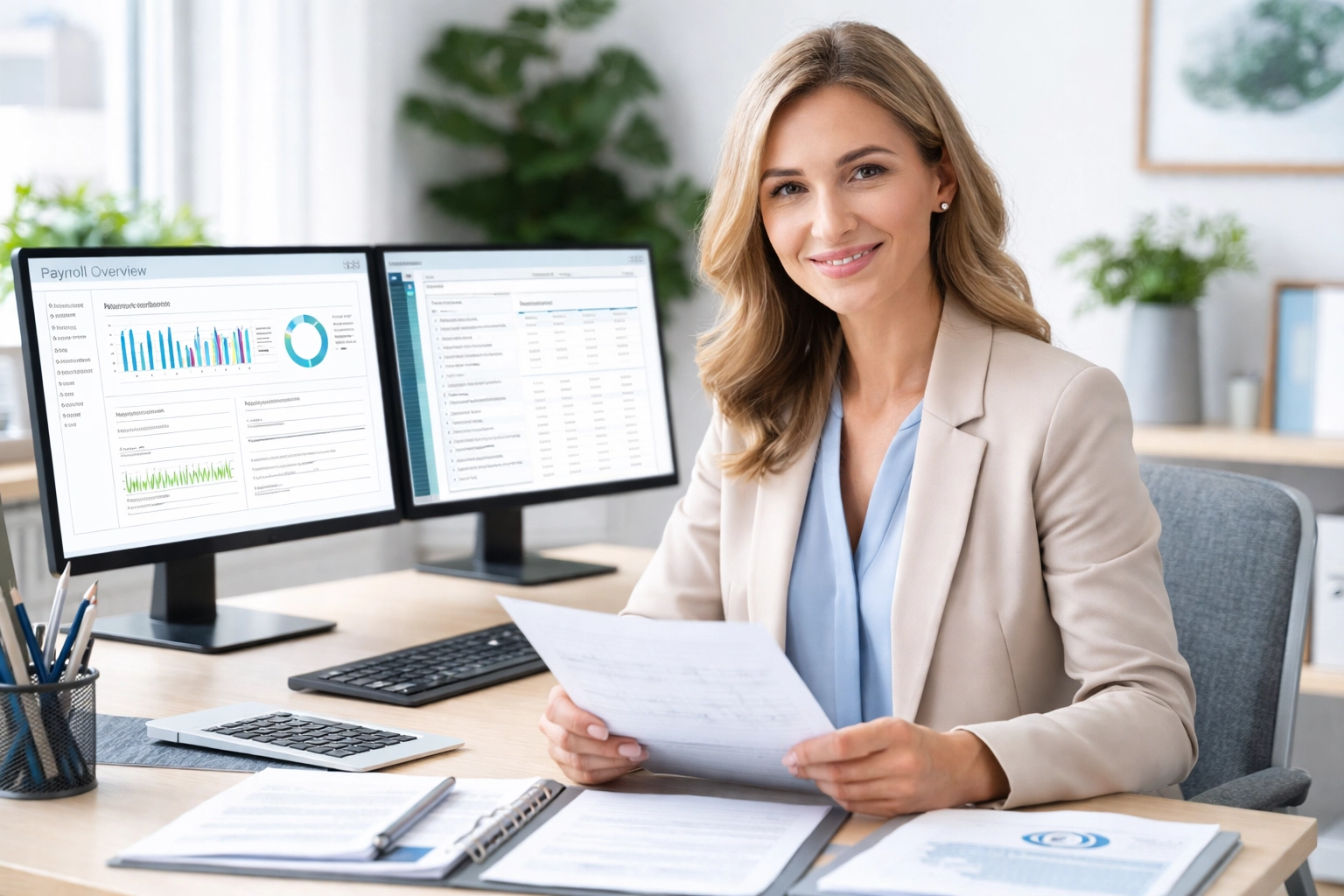 Professional accountant managing payroll service for small businesses in a modern, organized office