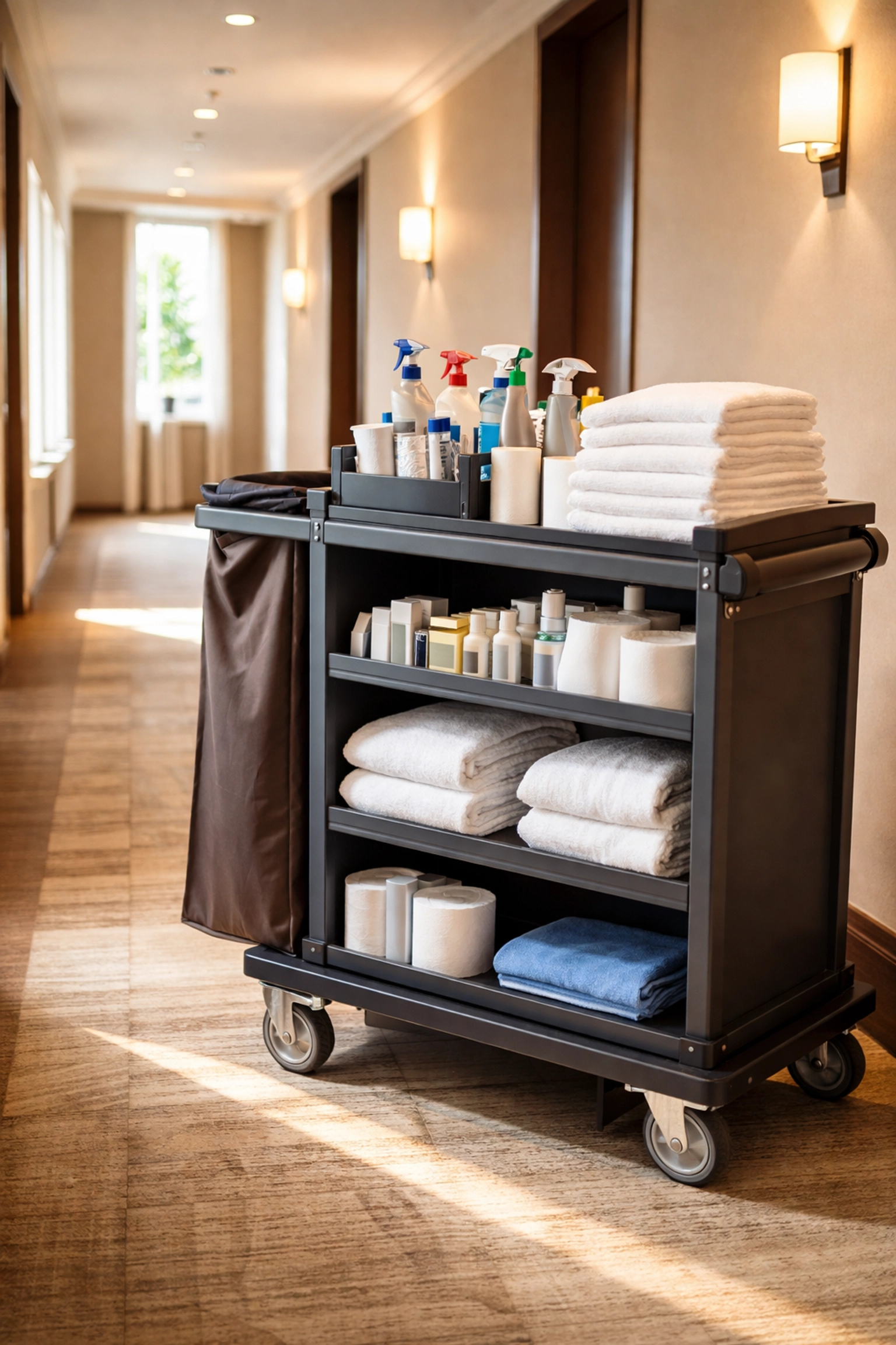 Well-stocked hotel housekeeping cart in a bright hallway, highlighting quality staffing and hospitality readiness.