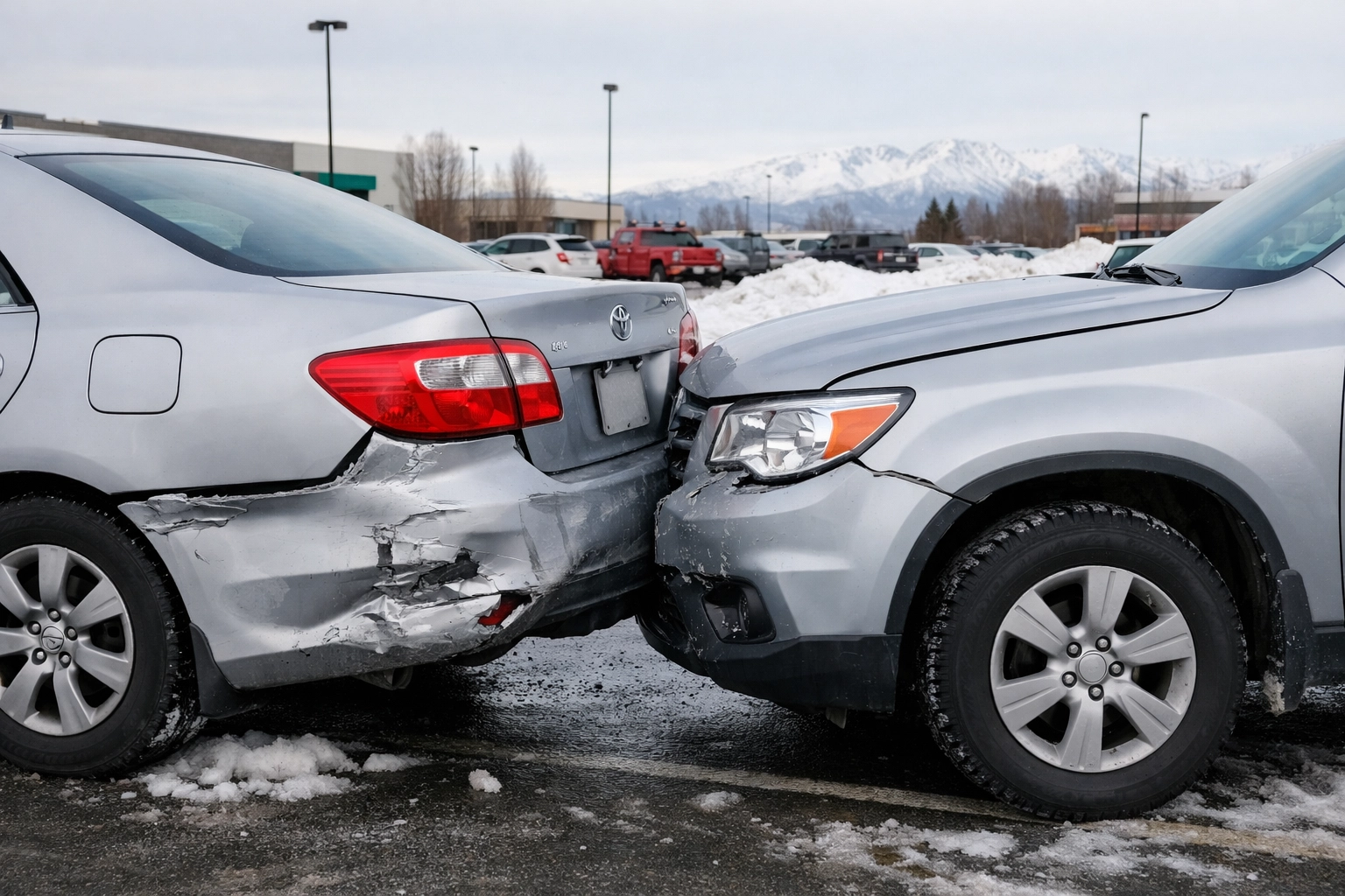 Minor parking lot accident between two vehicles in Alaska showing liability risk