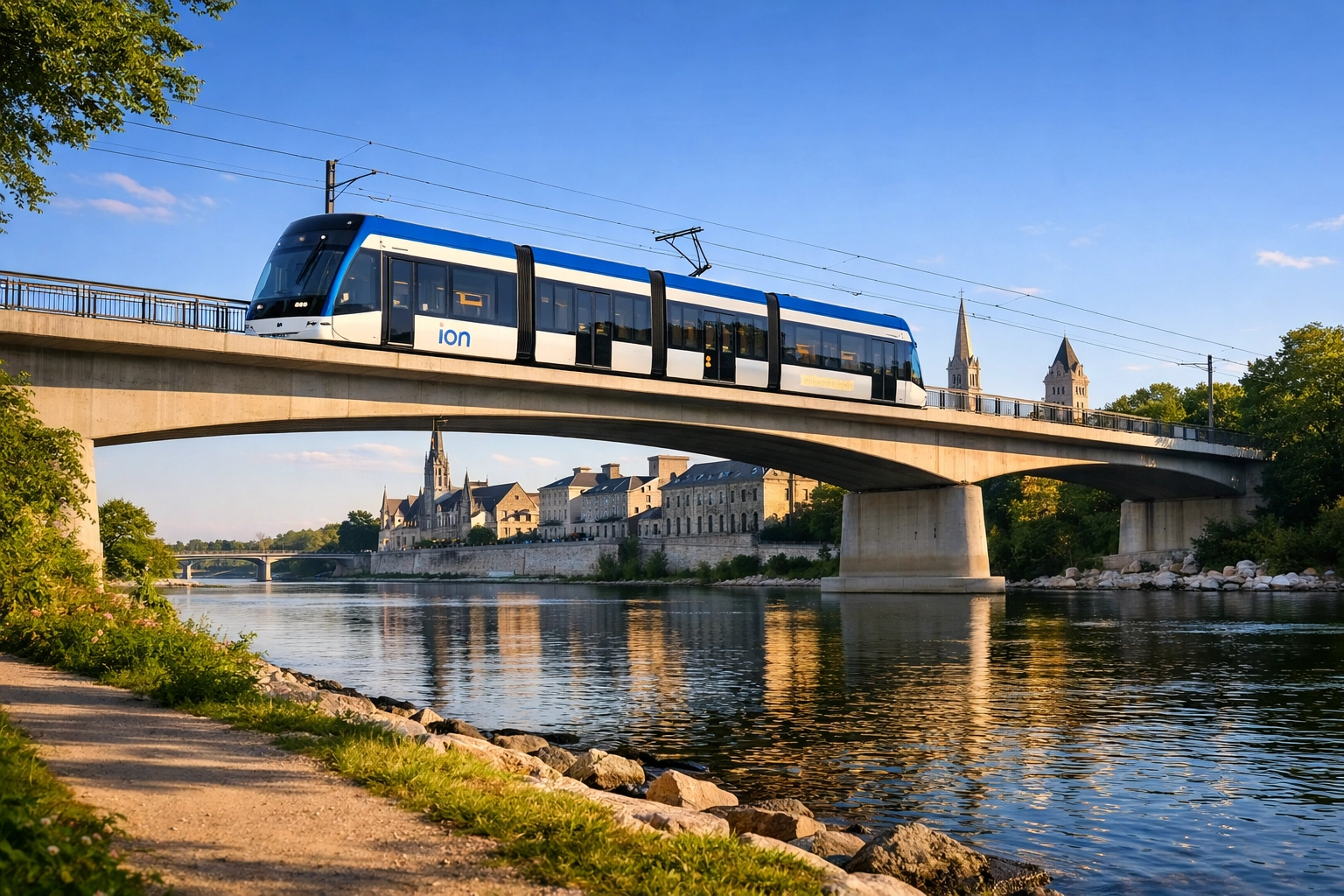 Blue and white ION light rail train crossing the Grand River bridge into historic downtown Galt in Cambridge.
