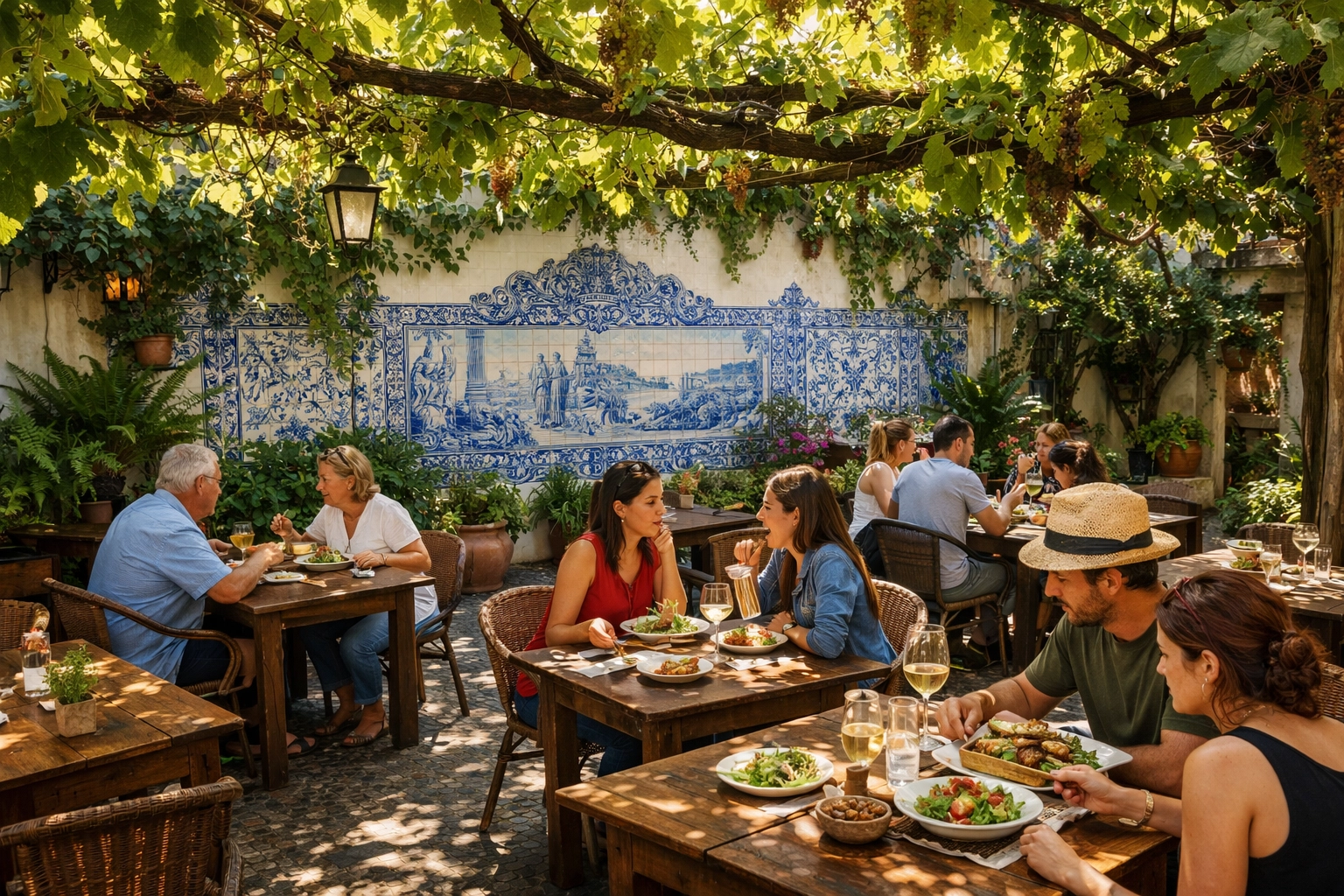 Sunny Lisbon garden restaurant with azulejo tiles, affordable budget travel food dining spot