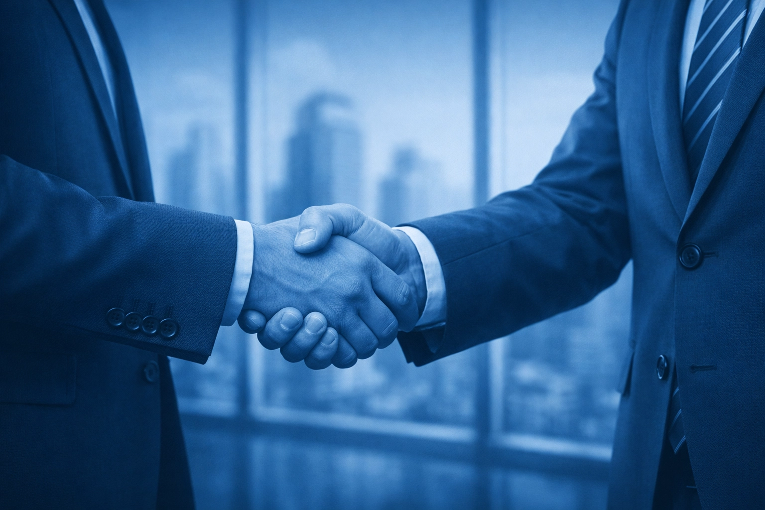 Professionals shaking hands after completing a successful accountancy practice acquisition and merger.