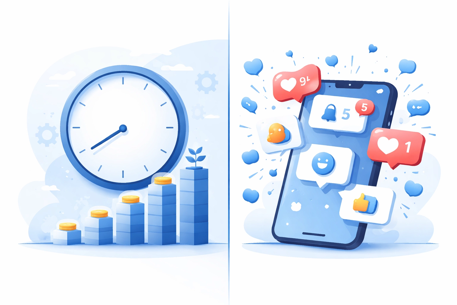 Comparison of SEO's gradual growth versus social media's instant engagement and quick results