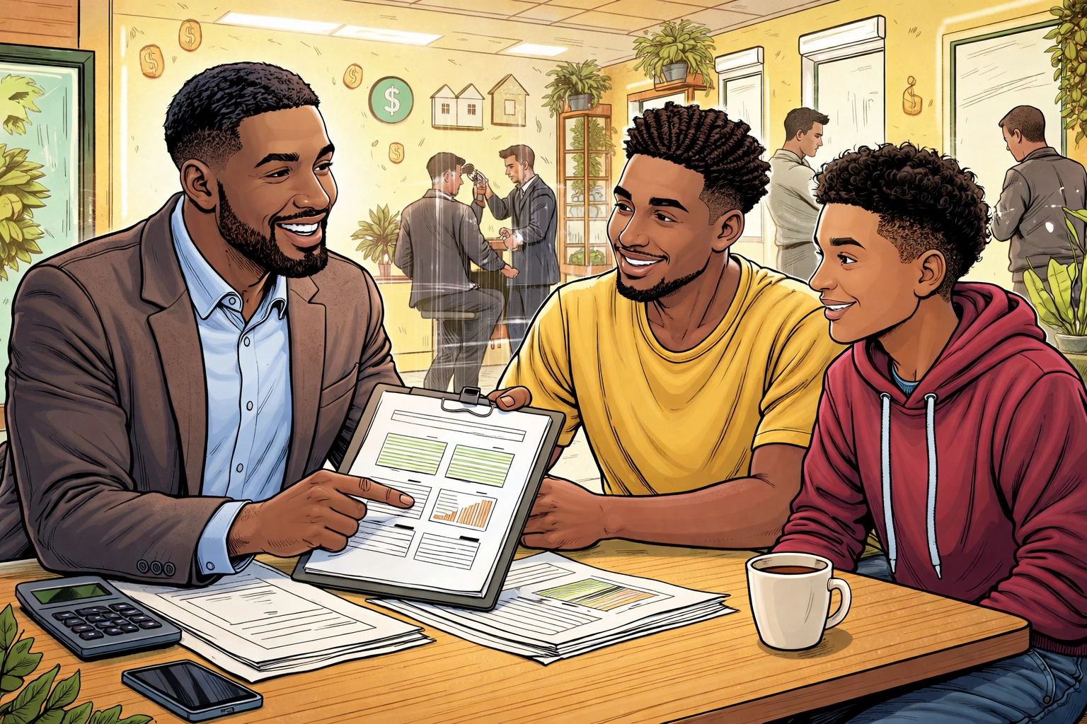 A Black financial advisor explains financial documents to a father and son in a barbershop, highlighting community wealth-building.