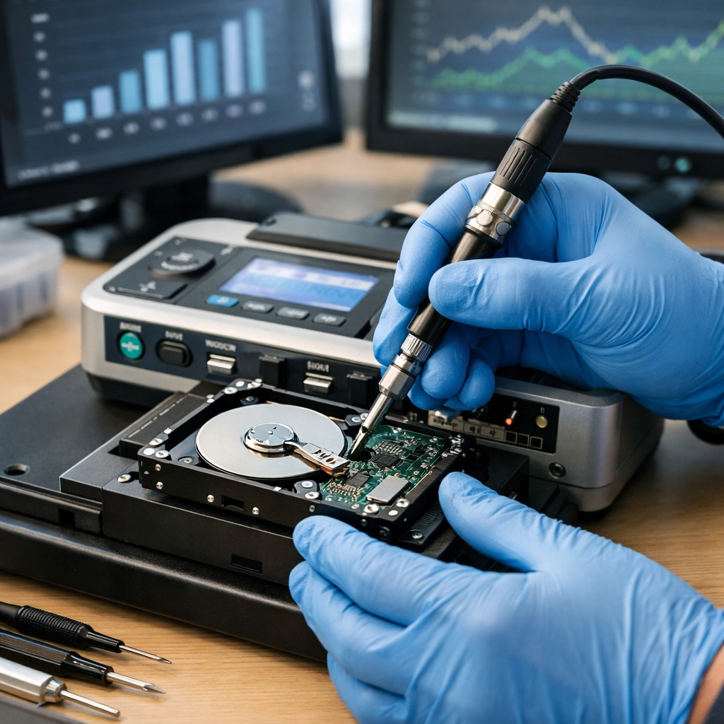 Professional data recovery technician in Solano County repairing a failing hard drive in a specialized lab.