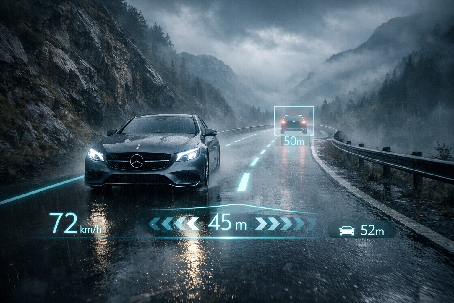 Mercedes-Benz utilizing calibrated safety sensors to navigate a wet mountain pass in rainy weather.